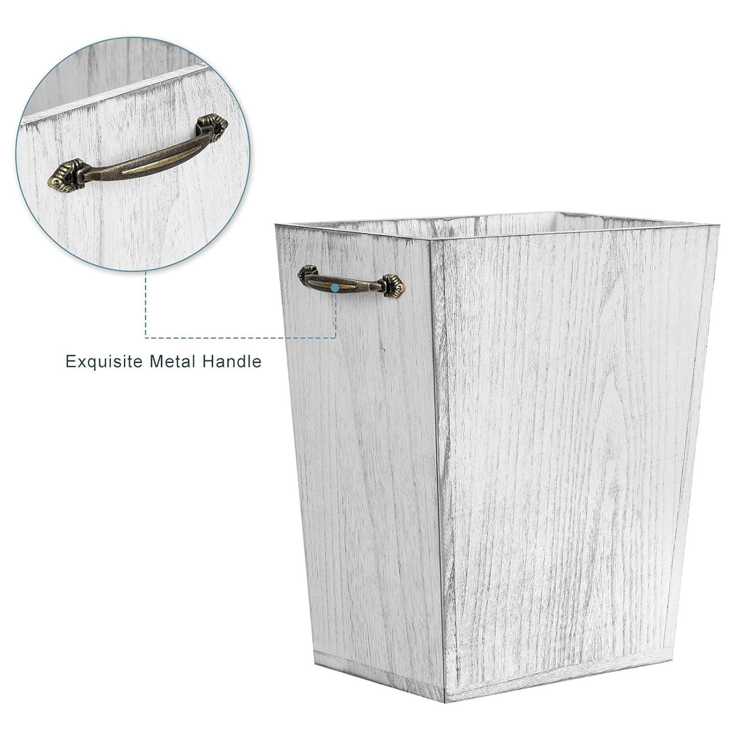 Wood Wastebasket Trash Can Rustic Farmhouse Square Garbage Container Bin with Decorative Metal Handle for Bedroom, Living Room, Bathroom & Office