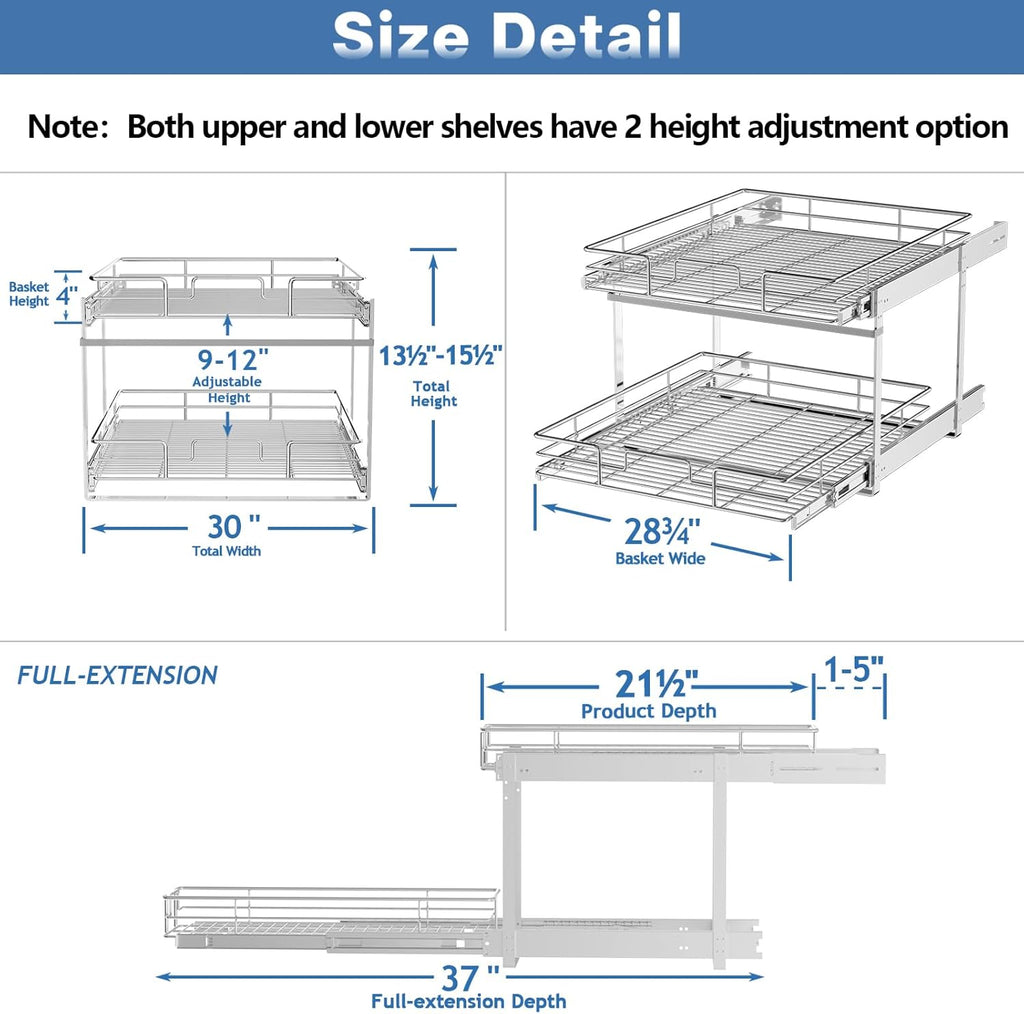 LOVMOR 2 Tier Individual Pull Out Cabinet Organizer 30" W x 21½" D, Slide Out Kitchen Cabinet Storage Sliding Shelves
