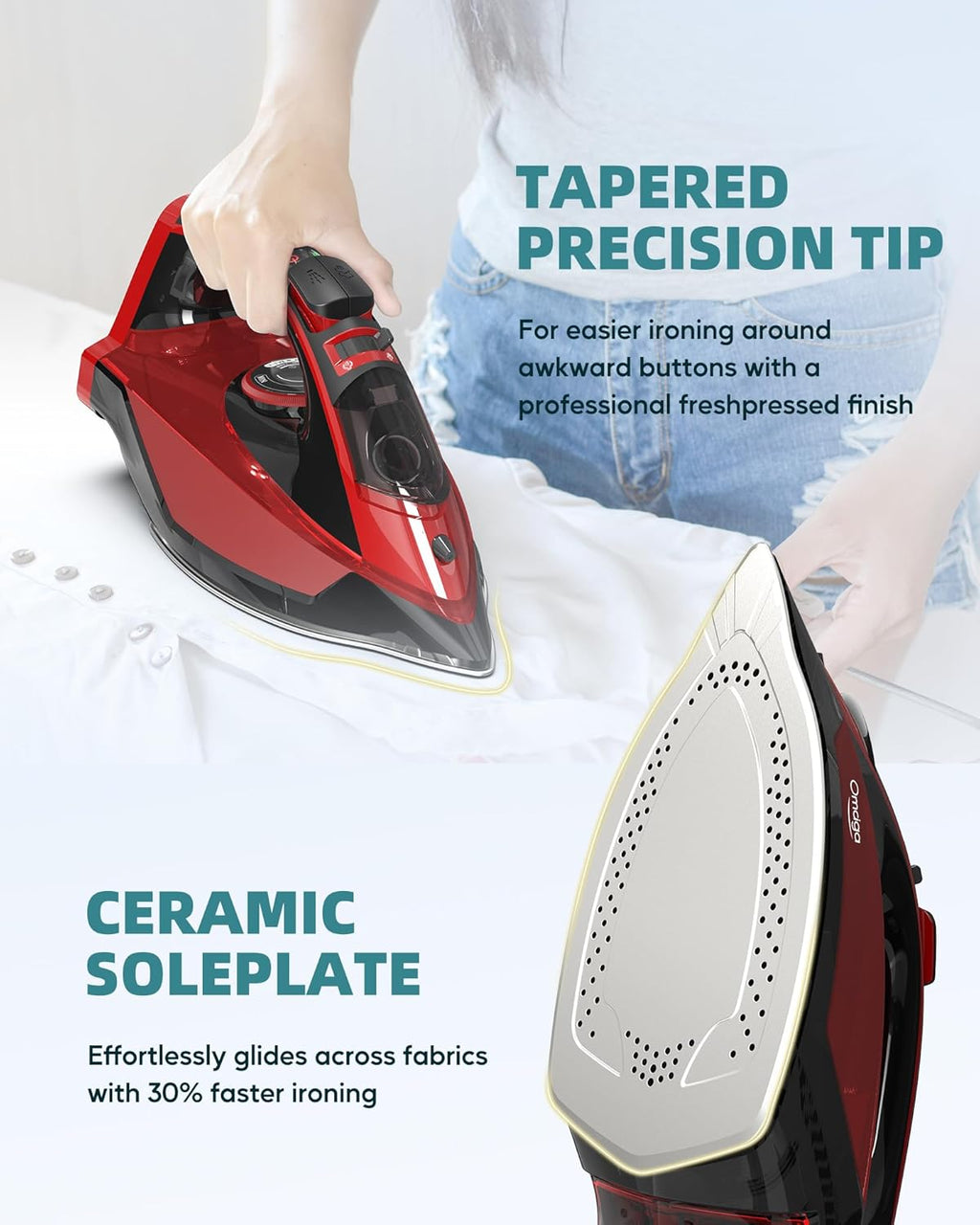Cordless Iron for Clothes - 1500W Steam Iron with Non-Stick Ceramic Soleplate, Rapid Heating, Auto Shut Off, Burst of Steam, Self-Clean, Anti-Drip, Anti-Calc, 3 Temperature Settings, Red