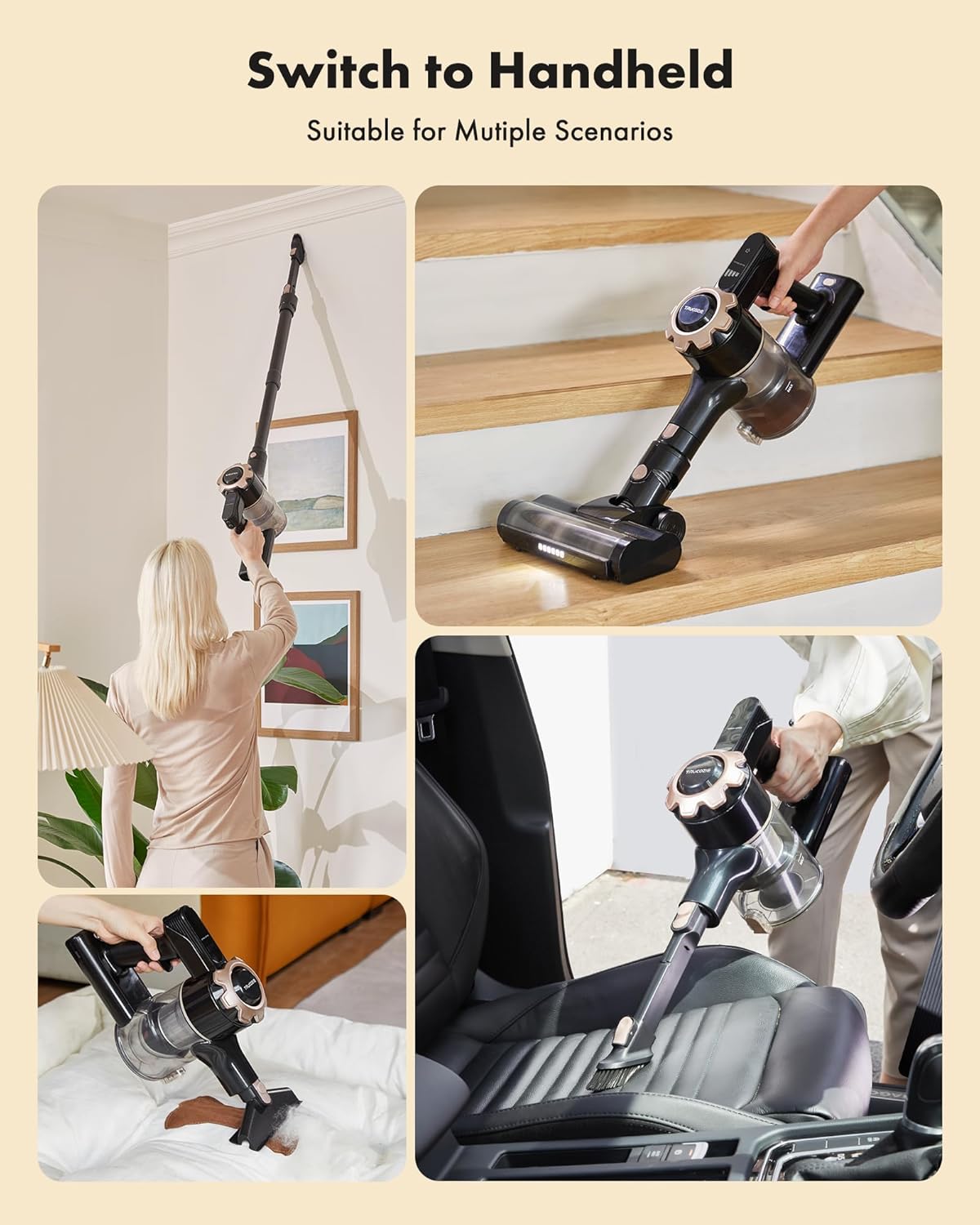 Cordless Vacuum Cleaner, 8-in-1 Lightweight Stick Vacuum with 45mins Runtime, Powerful Suction, Rechargeable Cordless Vacuum for Carpet, Tile, Pet Hair, Hardwood Floors, Black