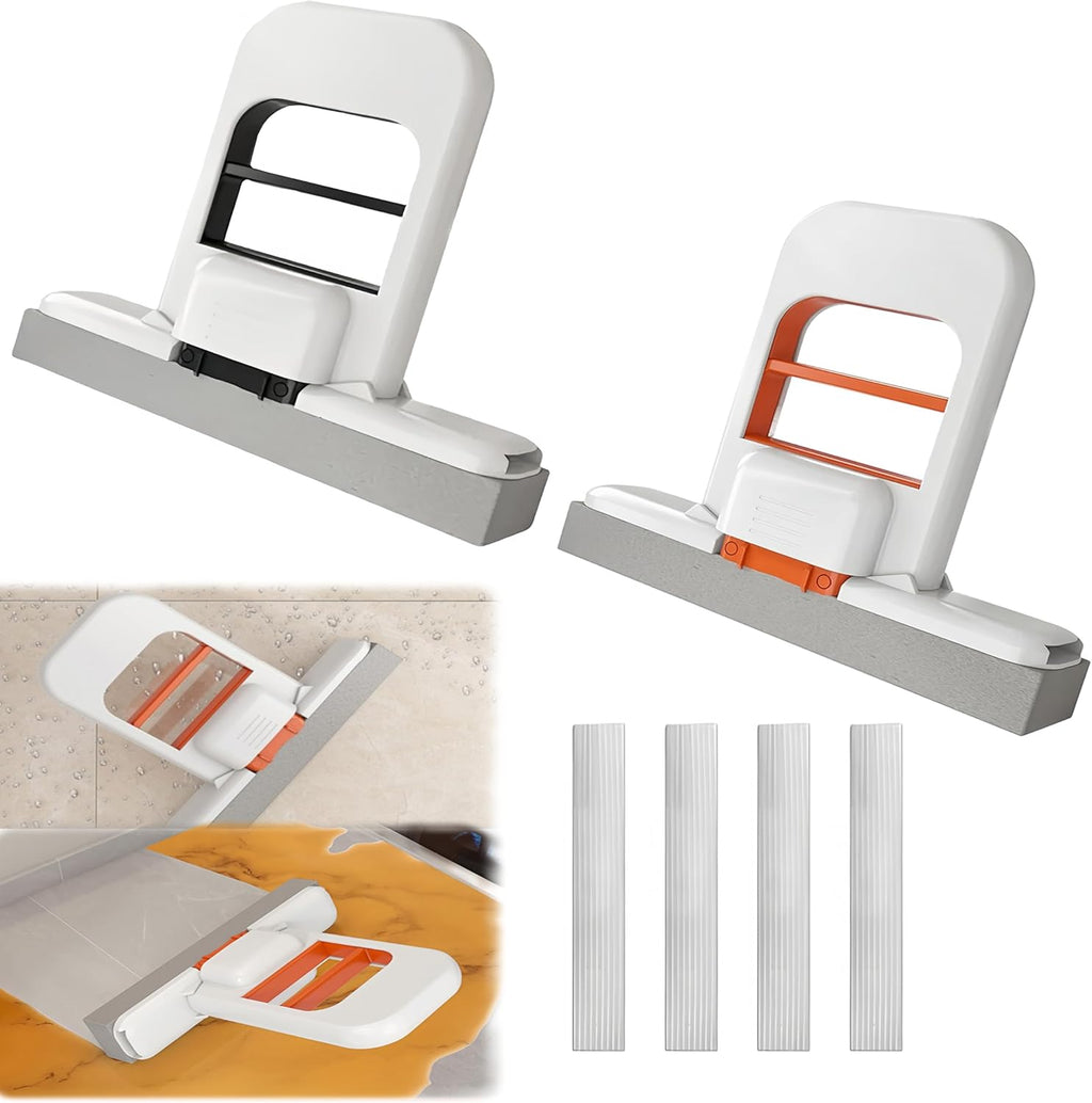 Mini Foldable Desktop Mop, Portable Cleaning Sponge Mop Self-Squeeze Sponge Cleaning Tool for Wet Dry Use on Kitchen Countertops Glass Bathroom Car (Orange & Gray)