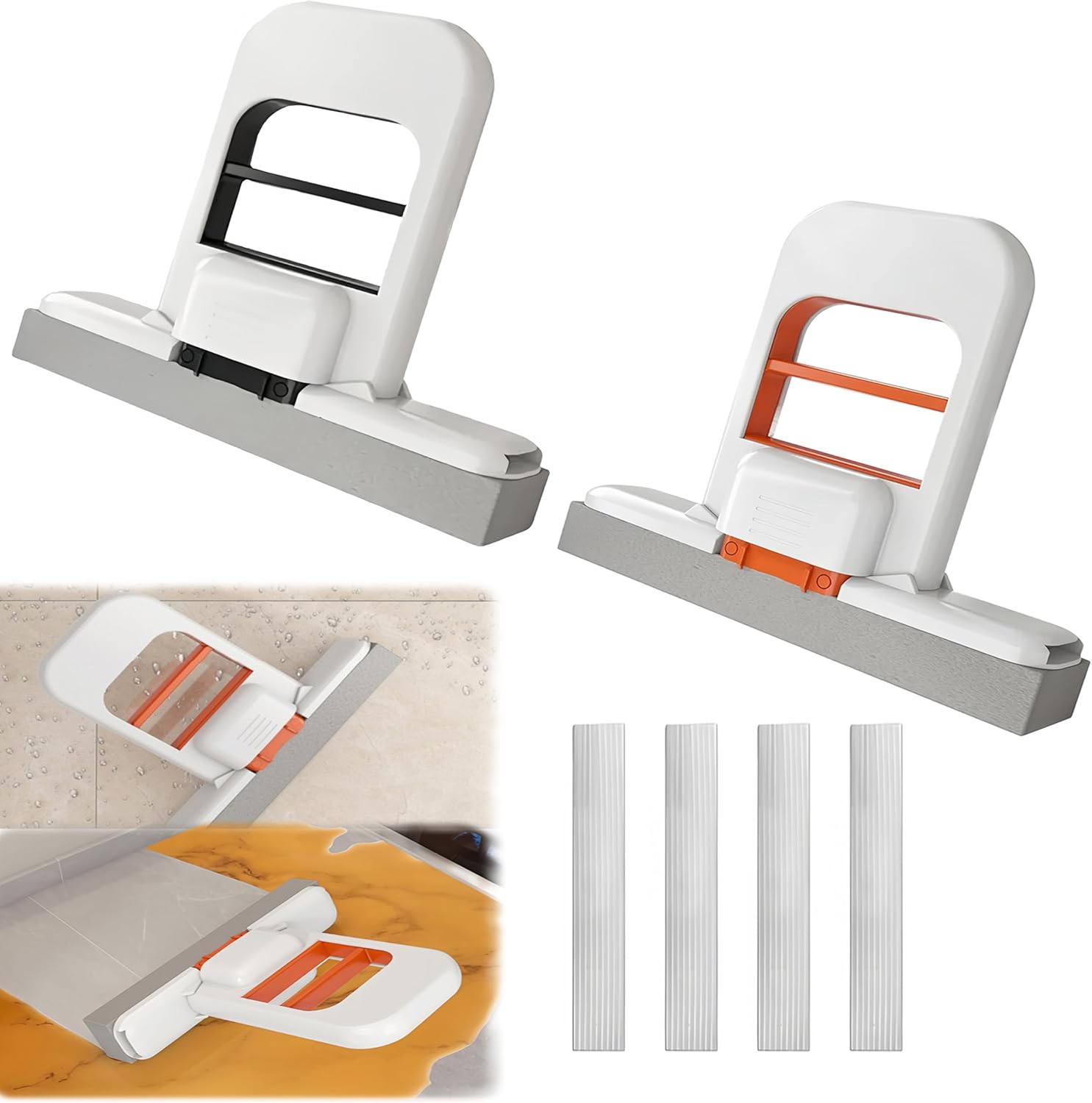Mini Foldable Desktop Mop, Portable Cleaning Sponge Mop Self-Squeeze Sponge Cleaning Tool for Wet Dry Use on Kitchen Countertops Glass Bathroom Car (Orange & Gray)
