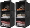 2 Packs Hanging Closet Organizer Stroage, 3-Shelf Hanging Shelves with Bamboo Inserts & Side Pocket, Black