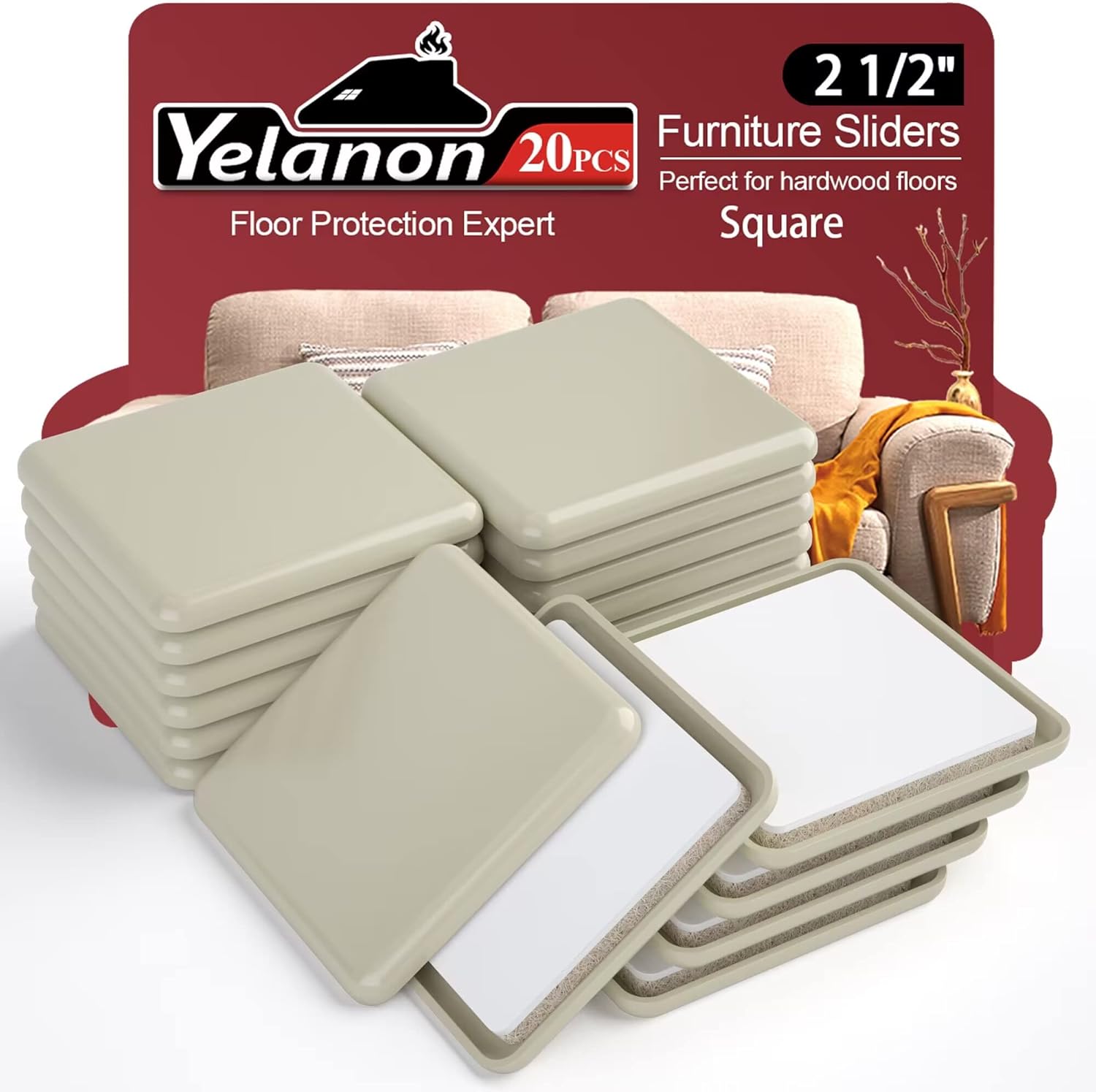 Furniture Sliders 20 pcs-2 1/2” Square Furniture Sliders for Carpet Furniture Pads Hardwoods Floors, Heavy Duty Furniture Movers Sliders Reusable Furniture Moving Pads Floor Protectors for Carpet