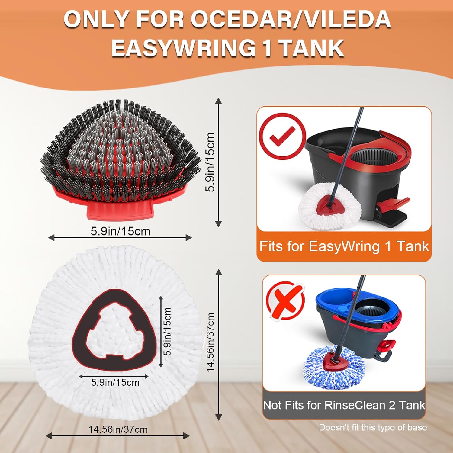 Spin Mop Head Replacement for O Cedar EasyWring 1-Tank System, 2 Mop Replace Heads + 1 Upgrade Scrubber Brush, 100% Microfiber Mop Refills Deep Cleaning Machine Washable
