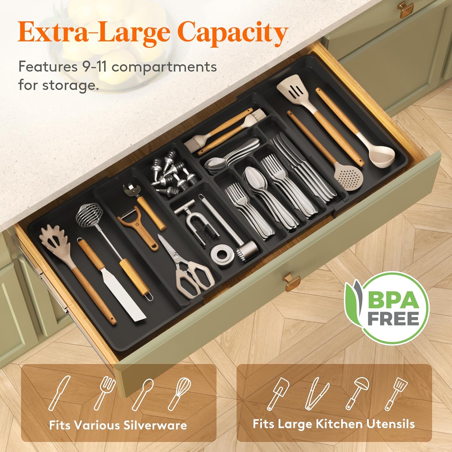 Lifewit Large Silverware Drawer Organizer, Plastic Cooking Utensil Tray for Kitchen, Expandable From 21 to 36 Inches, Adjustable Flatware Cutlery Spoon Fork Knife Spatula Gadgets Holder, Black