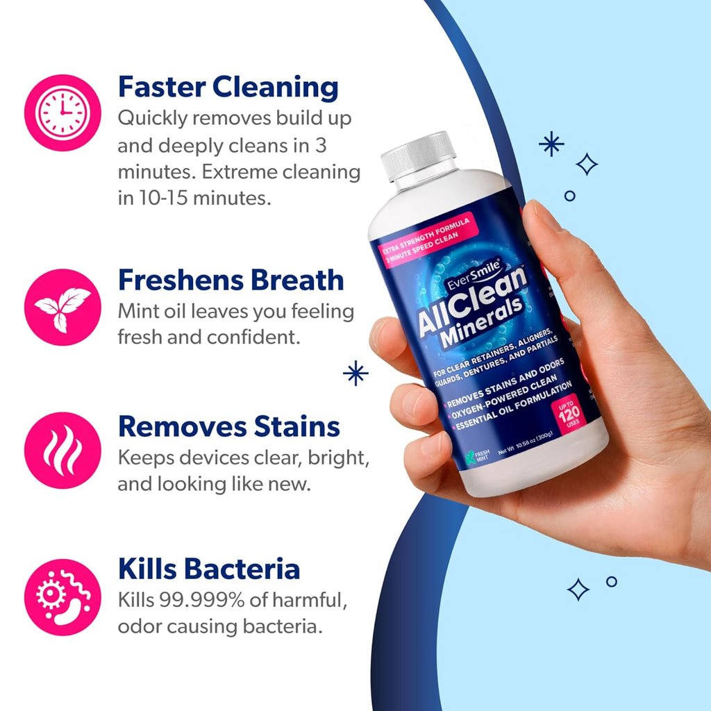 EverSmile AllClean Minerals – Deep Cleaner for Retainers, Clear Aligners, Invisalign, Dentures, Night & Mouth Guards – Removes Stains, Odors & Plaque in 3-Minutes – Up to 120 Uses (300g), 1 Pack