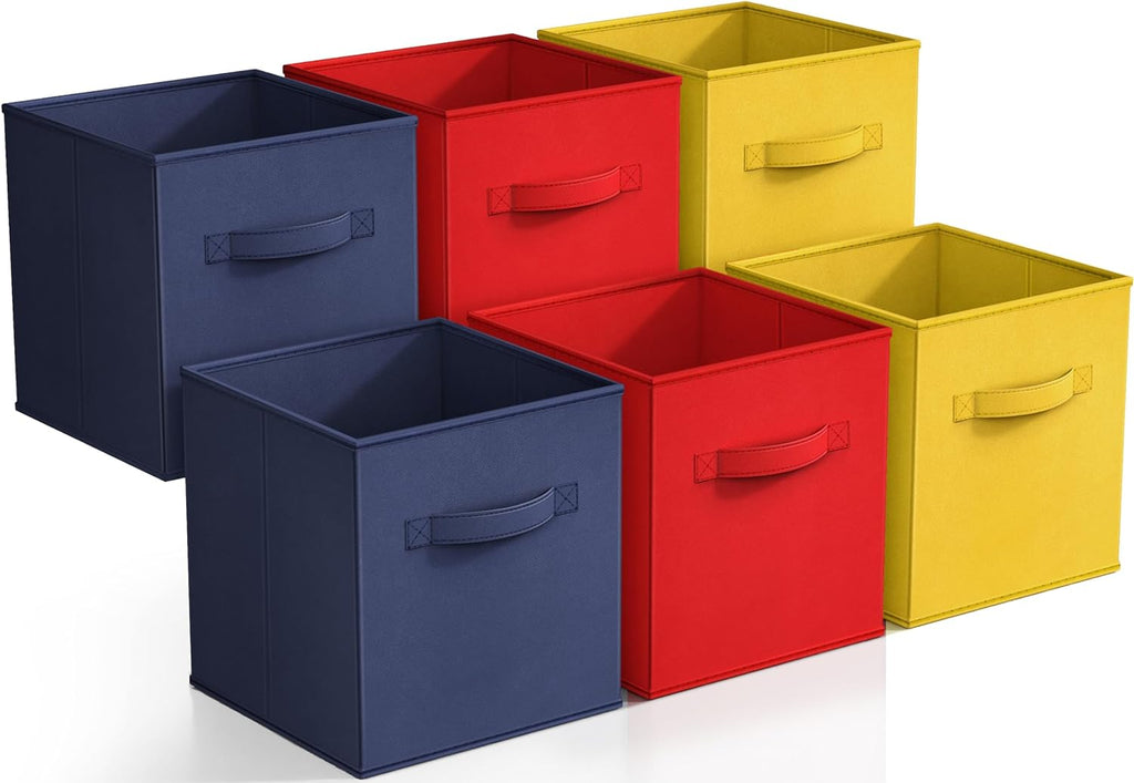 Sorbus Storage Cubes - 11" Foldable Storage Bins with Handle for Nursery, Playroom, Closet Organizers and Storage - 6 Fabric Shelf Basket for Toys, Books, Clothes - Yellow Navy & Red Storage Bins