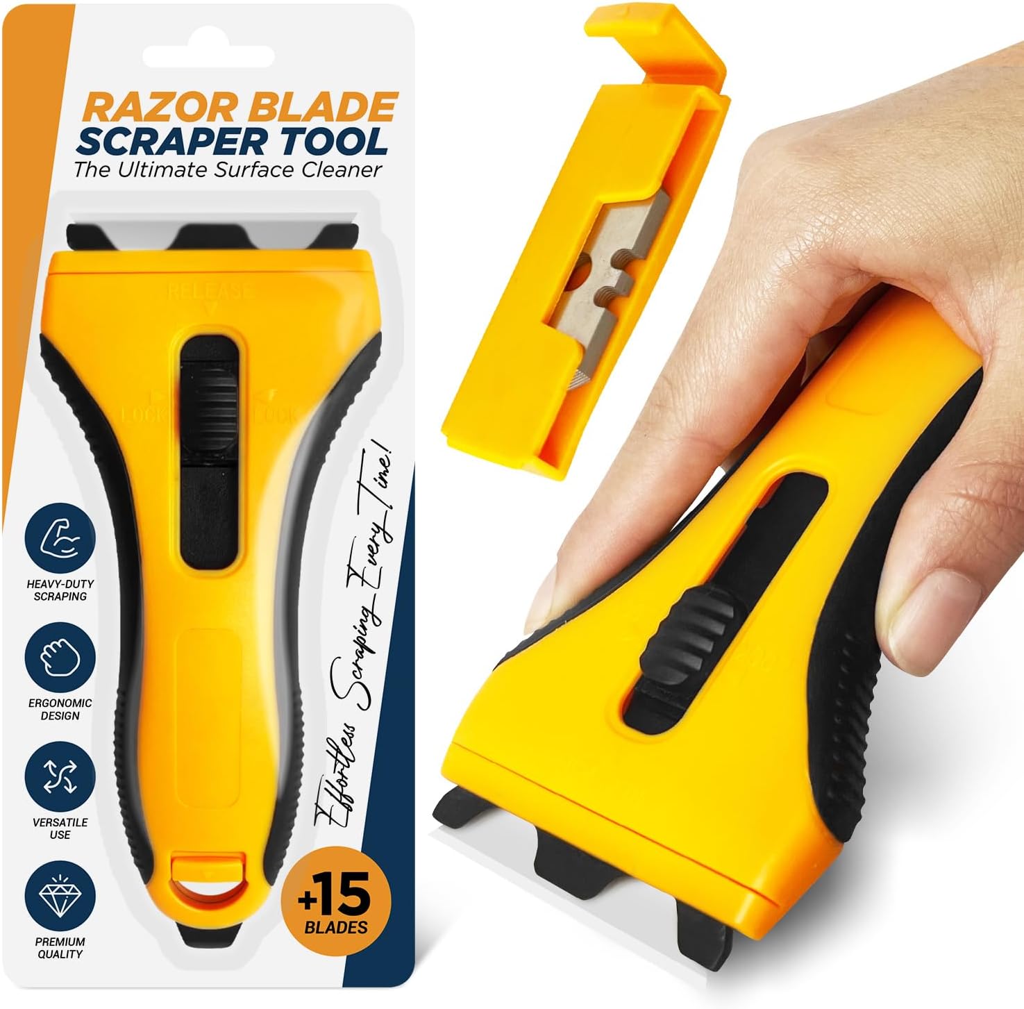 Razor Blade Scraper Tool With 15 Extra Blades - Razor Scraper Tool for Glass, Stove Top Scraper, Scraper Tool for Kitchen, Paint, Glass, Window, Cleaning