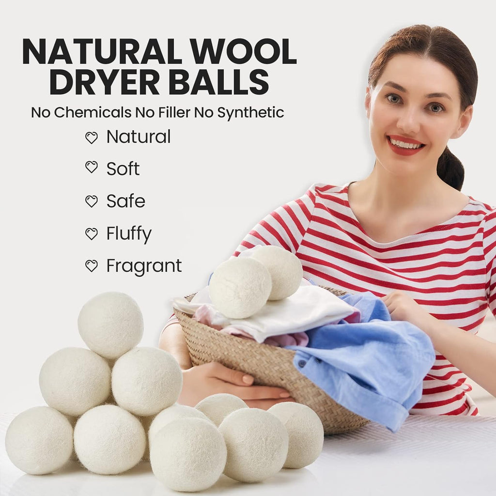 Roowest 24 Pcs Wool Dryer Balls Set Reusable Laundry Wool Balls with Muslin Bags Fabric Softener Anti Wrinkle Anti Static Saving Energy and Time