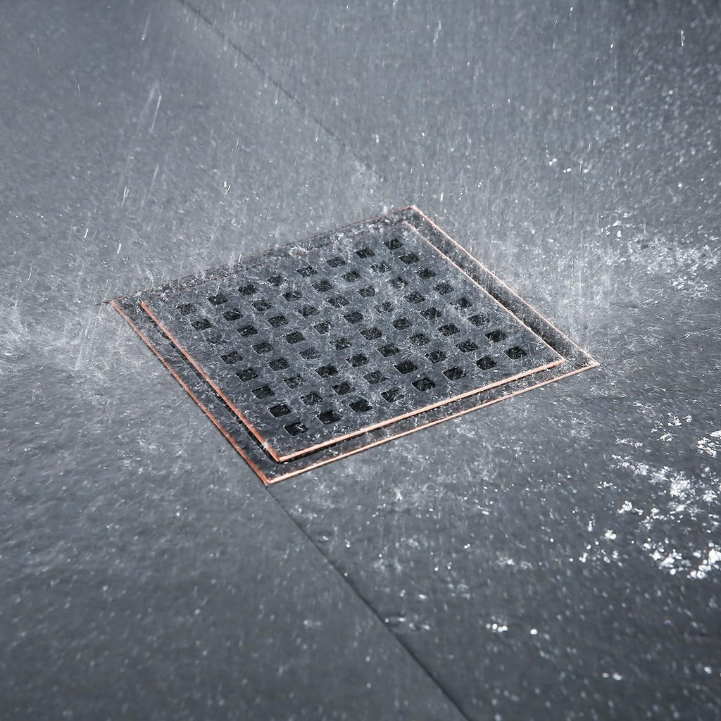 RANDOM 6 Inch Square Shower Floor Drain with Oil Rubbed Bronze Removable Quadrato Pattern Grate, PVC Shower Drain Base Flange,Include Hair Strainer,SUS 304 Stainless Steel