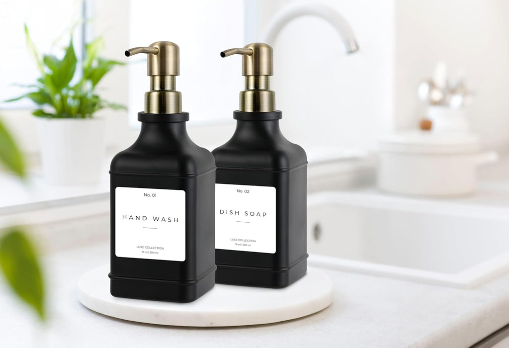 Emerson Essentials Soap Dispenser, Dish Soap Dispenser, Soap Bottle Bathroom Set, Hand Soap Farmhouse Home, Kitchen Soap Dispenser Set - Glass Soap Dispenser with Pump and Labels, 16 Oz, 2 Set
