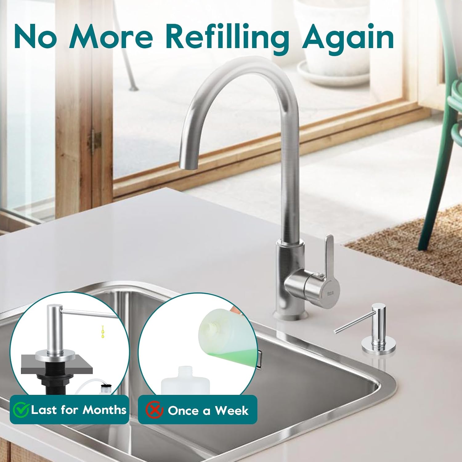 Gappo Soap Dispenser for Kitchen Sink Polished Chrome, Stainless Steel Countertop Pump, Built in Sink Soap Dispenser with 47" Extension Tube kit