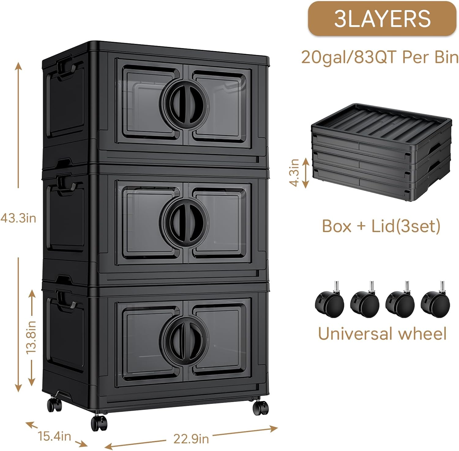 JEKO&JEKO 249Qt Lockable Stackable Storage Bins with Lids, Collapsible Closet Organizer with Wheels, Plastic Cabinet Drawer for Clothes, Dorm Room 3 Pack (Black)