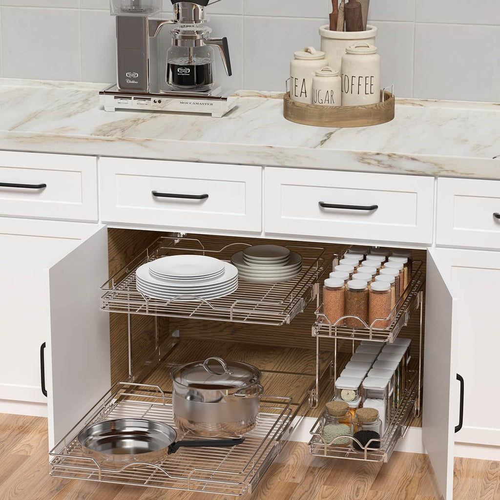 OCG 2 Tier Pull Out Cabinet Organizer (14" W x 21" D), Pull Out Drawers for Kitchen Cabinets, Pull Out Shelves for Base Cabinet Organization in Kitchen Bathroom Pantry, Chrome Finish