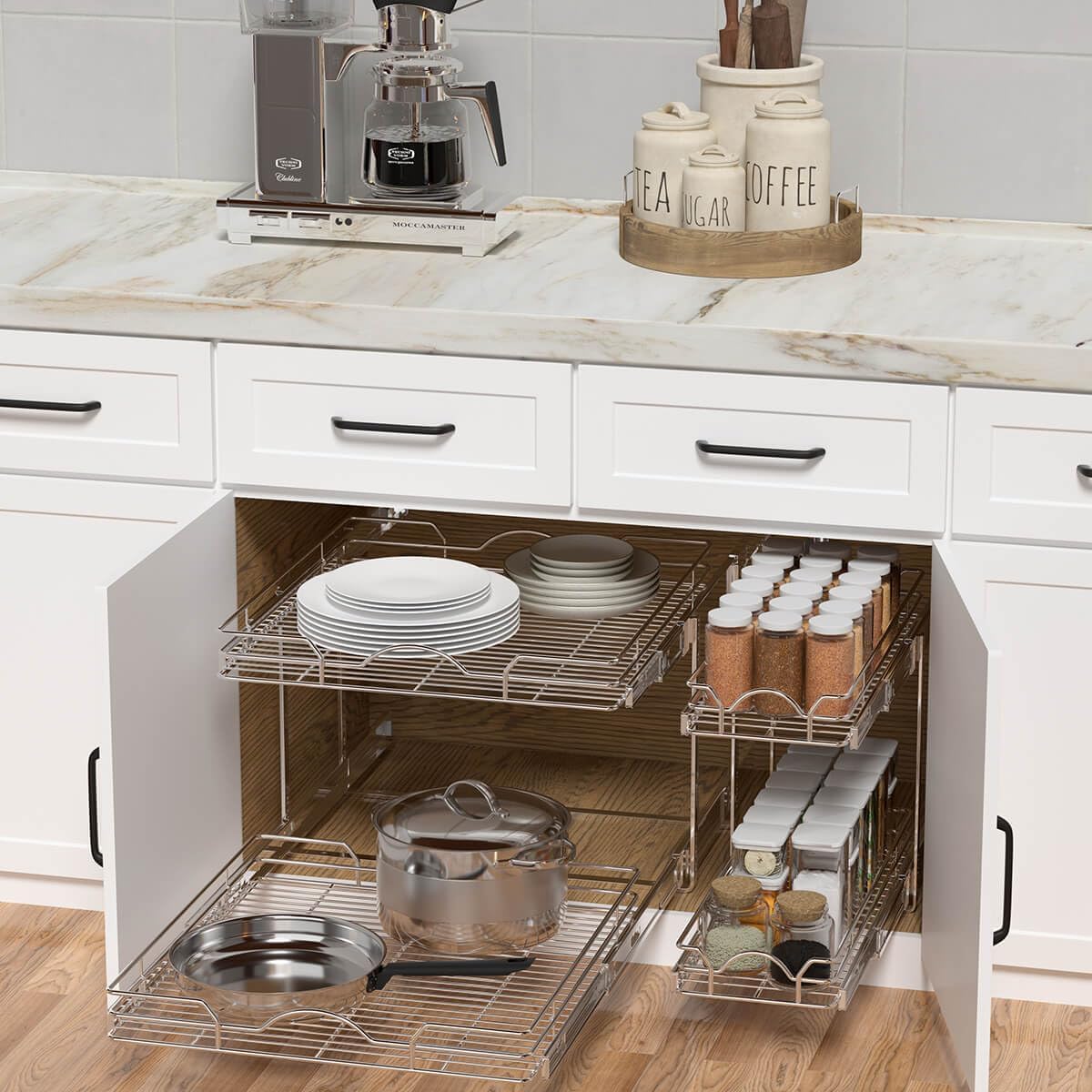 OCG 2 Tier Pull Out Cabinet Organizer (12.5" W x 21" D), Pull Out Drawers for Kitchen Cabinets, Pull Out Shelves for Base Cabinet Organization in Kitchen Bathroom Pantry, Chrome Finish
