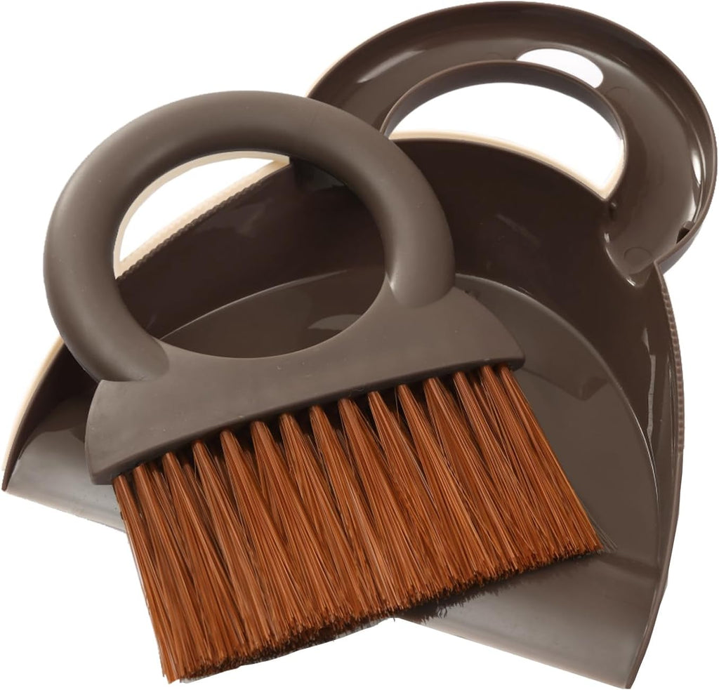 Round Handle Brush and Dustpan Set Small Broom & Dustpan Portable Handheld Sweeper for Desktop Sofa Floor Pet Nest (Coffee)