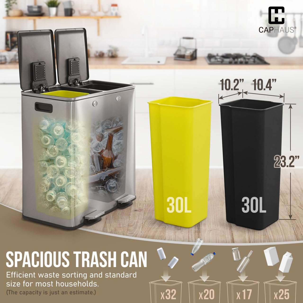 CAPHAUS Black Dual Trash Can w/Double Lid, Trash & Recycle Bins Combo, Hands-Free Stainless-Steel Garbage Can for Kitchen, with 2 Compartment, Hinged Lid, Odor Filters, Handles, 30L+30L, 2 x 8 Gal