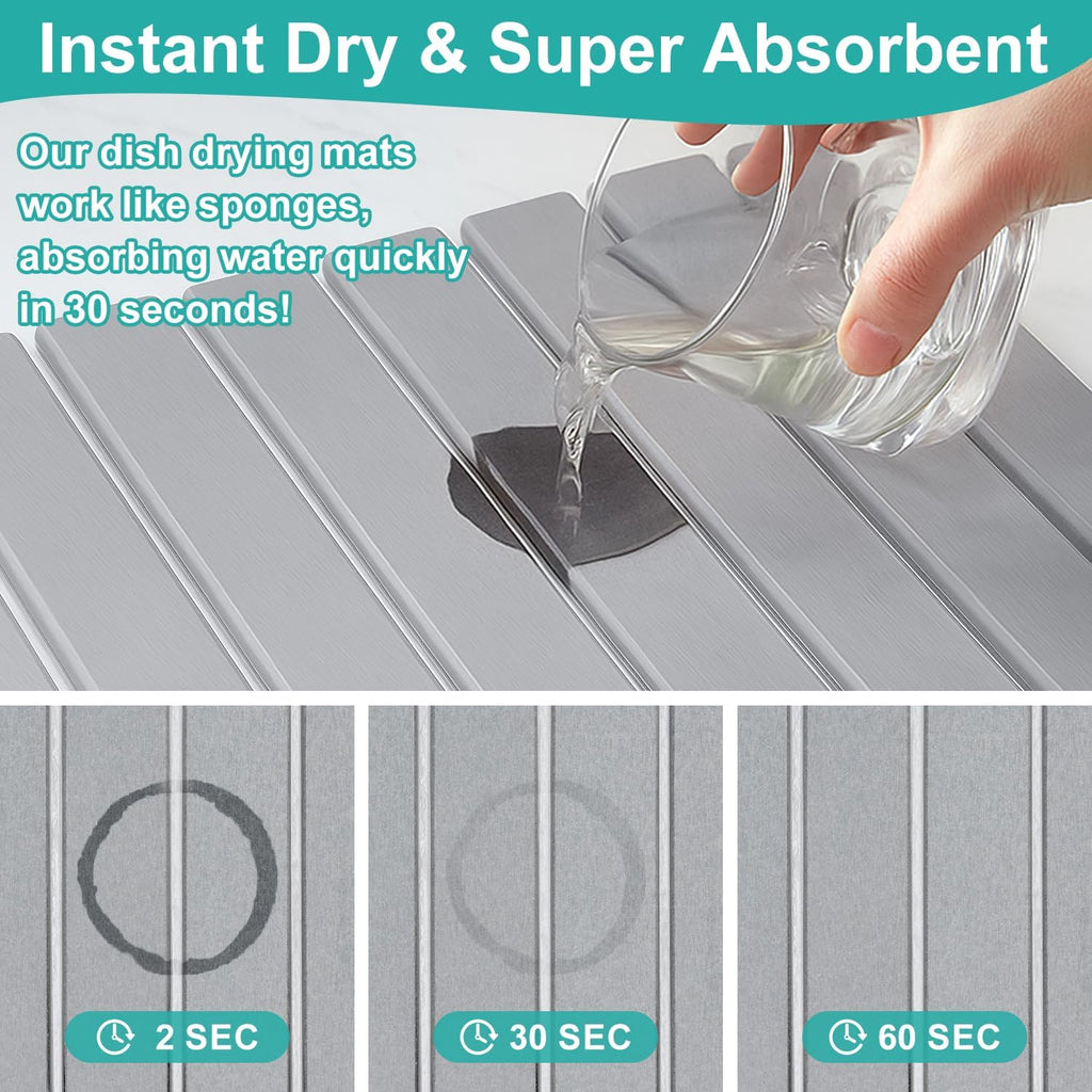 Large Stone Dish Drying Mat for Kitchen Sink Countertop Dish Drainer Diatomaceous Earth Mat Collapsible Dishes Rack Drying Tray Water Absorbent Quick Draining Pads Fast Foldable Bathroom Drying Mats