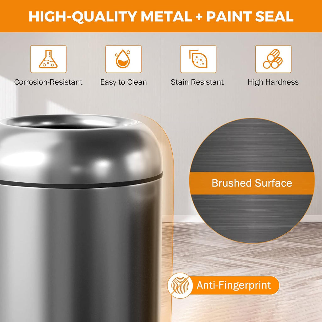 BEAMNOVA 16.5 Gallon Trash Can Black Open Top Outdoor Indoor Commercial Stainless Steel Industrial Waste Basket Container, Metallic Black Large Garbage Enclosure with Lid