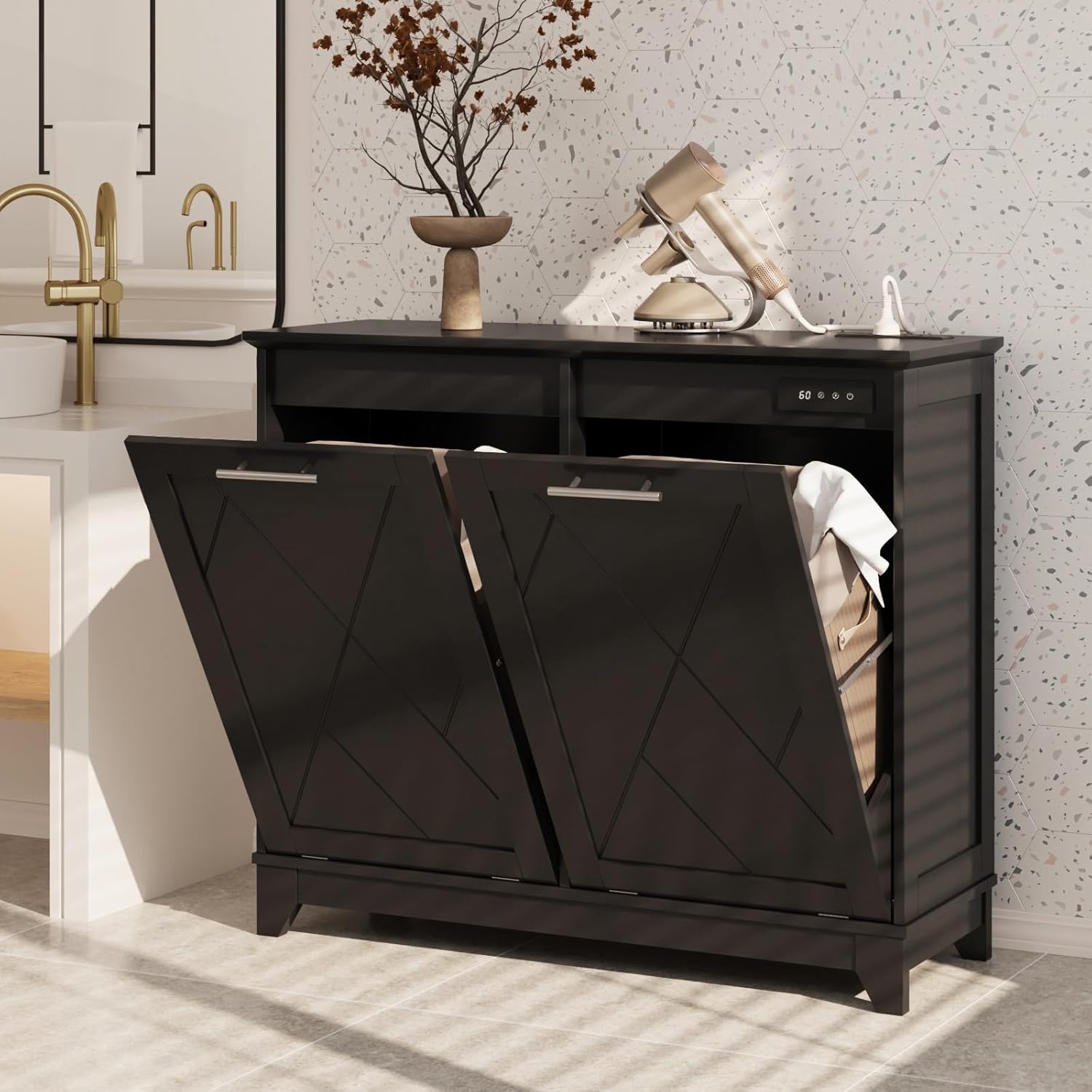 Double Tilt Out Trash Can Cabinet, 10 * 2 Gallon Garbage Trash Bin with Charging Station and Deodorizing Function, Dog-Proof Storage Cabinet for Hidden Bathroom Laundry Hamper, Black