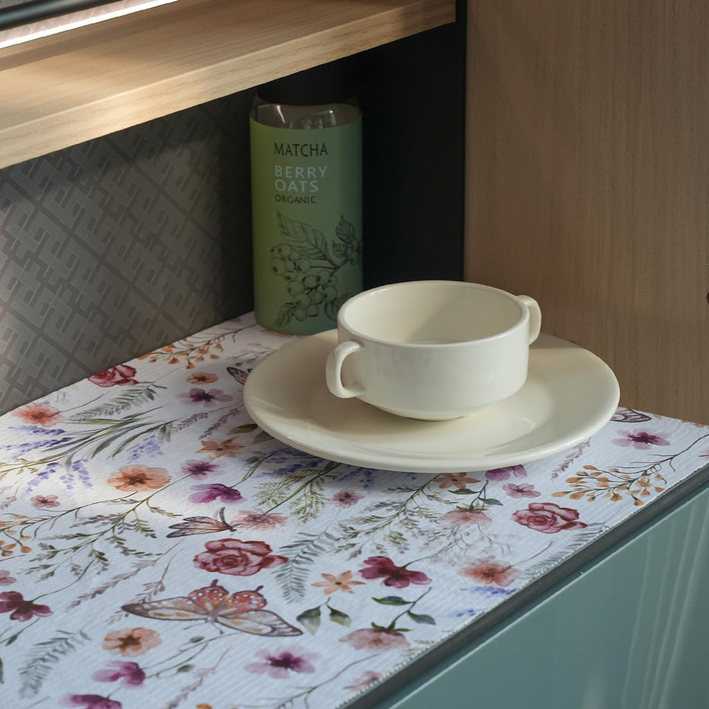 Floral Drawer and Shelf Liner for Kitchen Cabinets,16IN x 20FT Non-Adhesive and Strong Non-Slip Cabinet Drawer Liners for Kitchen Shelf, Waterproof Cupboard Liners,Easy to Clean