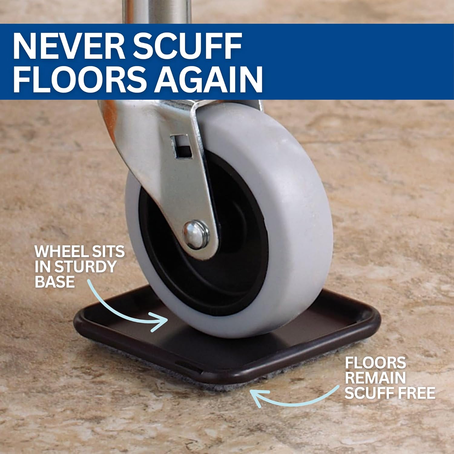 SoftTouch 2 1/2" Square Reusable Carpet Bottom Furniture Caster Cups to Protect Hardwood, Tile or Laminate Floors, Brown/Gray (12 Pack)