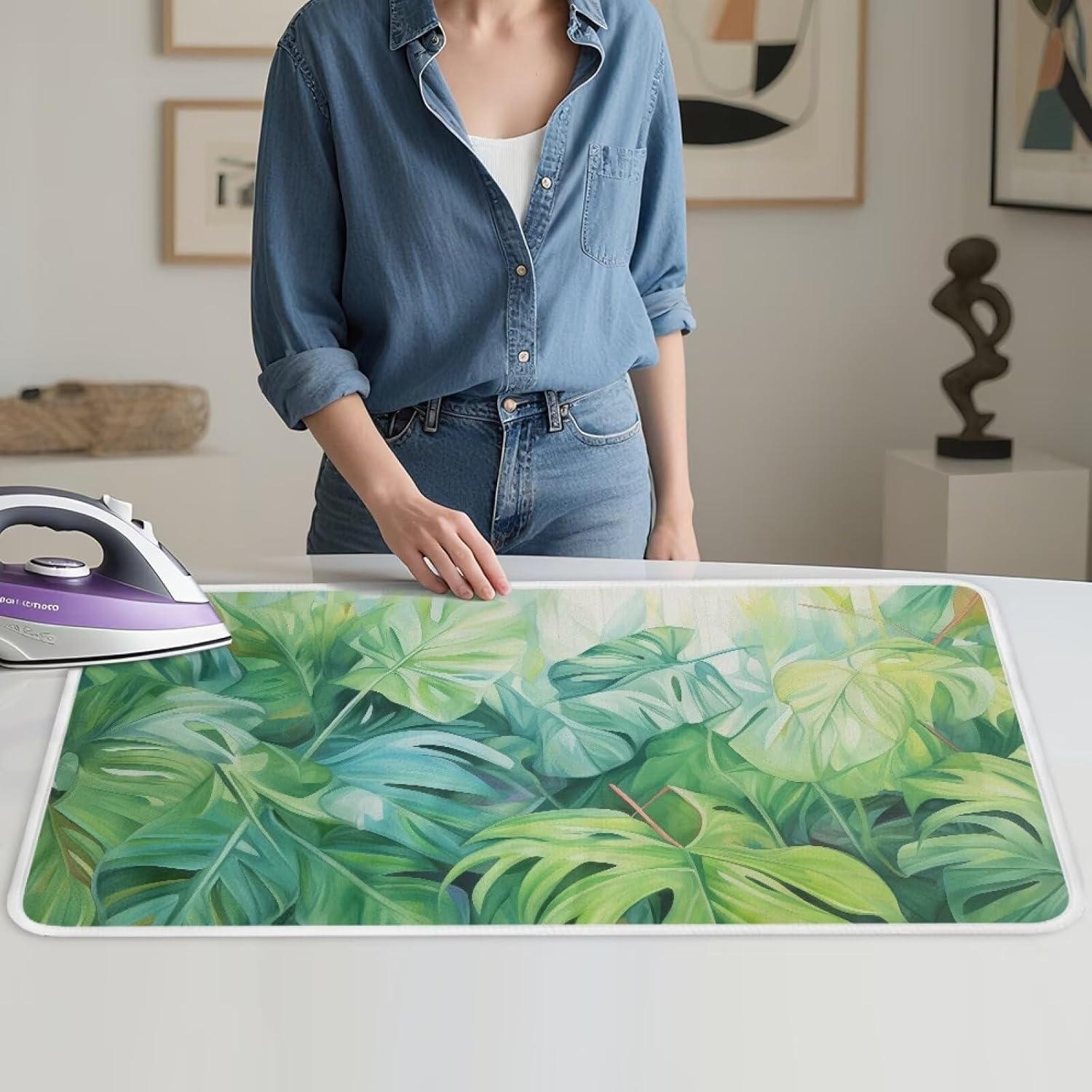 Green Ironing Mat Portable Ironing Pad Monstera Leaf 32 x 16 Inch Large Ironing Mat for Table Top of Washer, Dryer, Table Top, Countertop, Heat Resistant Iron Board Pads