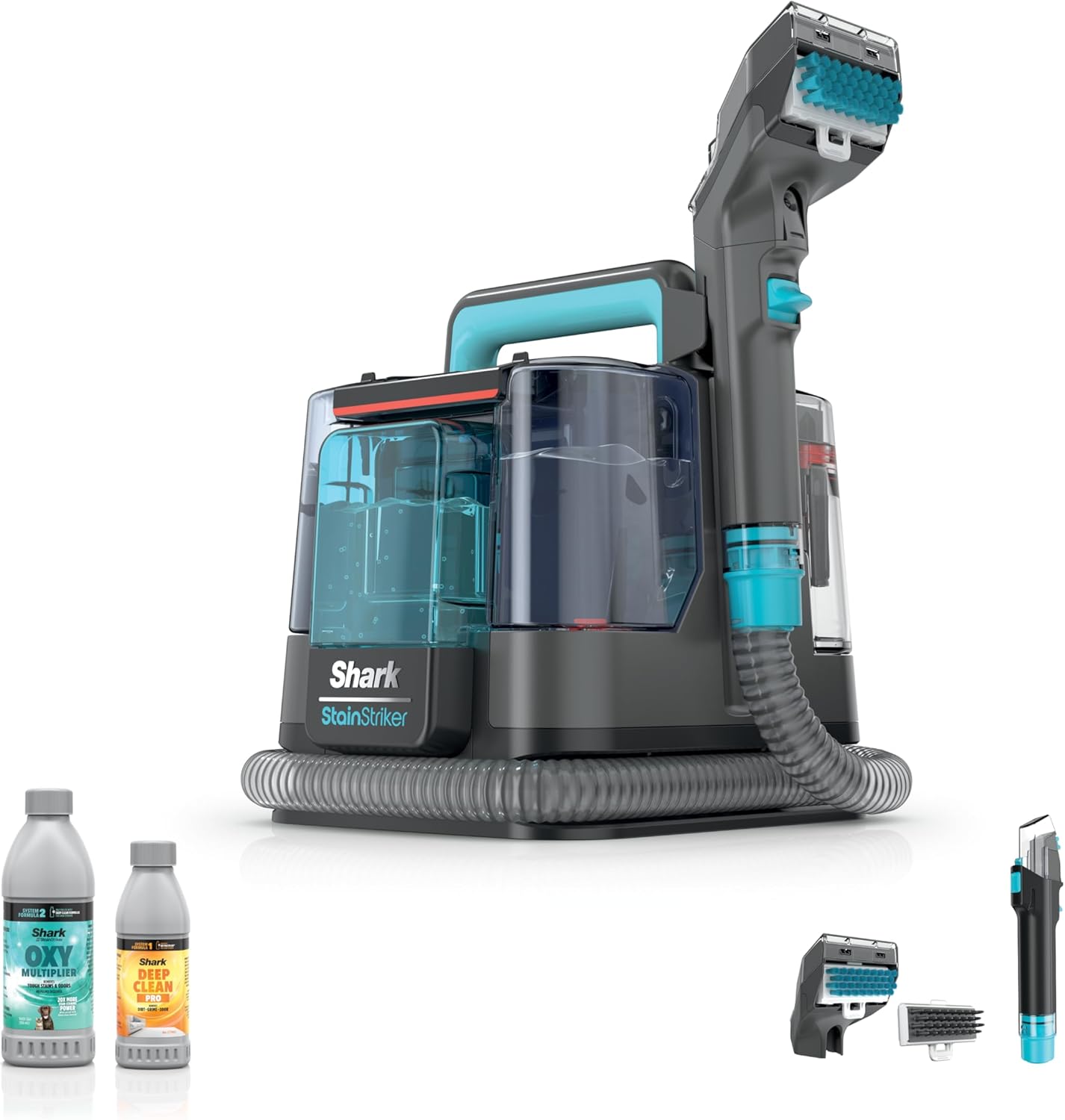 Shark StainStriker Portable Carpet & Upholstery Cleaner w/on board self cleaning - Spot, Stain, & Odor Eliminator, Includes 2 Cleaning Tools & 2 Cleaning Solutions, Charcoal, PX221BRN