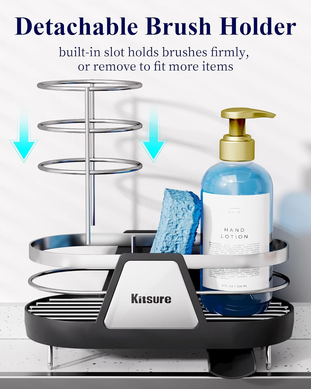 Kitsure Sponge Holder for Kitchen Sink - Space-Saving Kitchen Sink Caddy, Rustproof Metal Sink Organizer with Removable Brush Holder, 7.9"×3.9"×5.3", Black