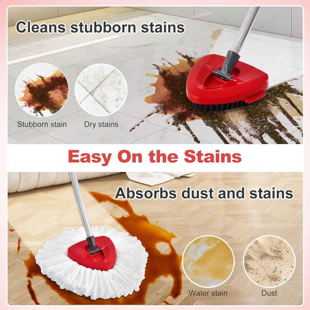 Spin Mop Heads Replacements for O Ceda EasyWring 1-Tank System, 4-Section Stainless Steel Mop Handle, 2 Microfiber Mop Head Refills, 1 Base and 1 Scrub Brush Combo Set for Floor Cleaning
