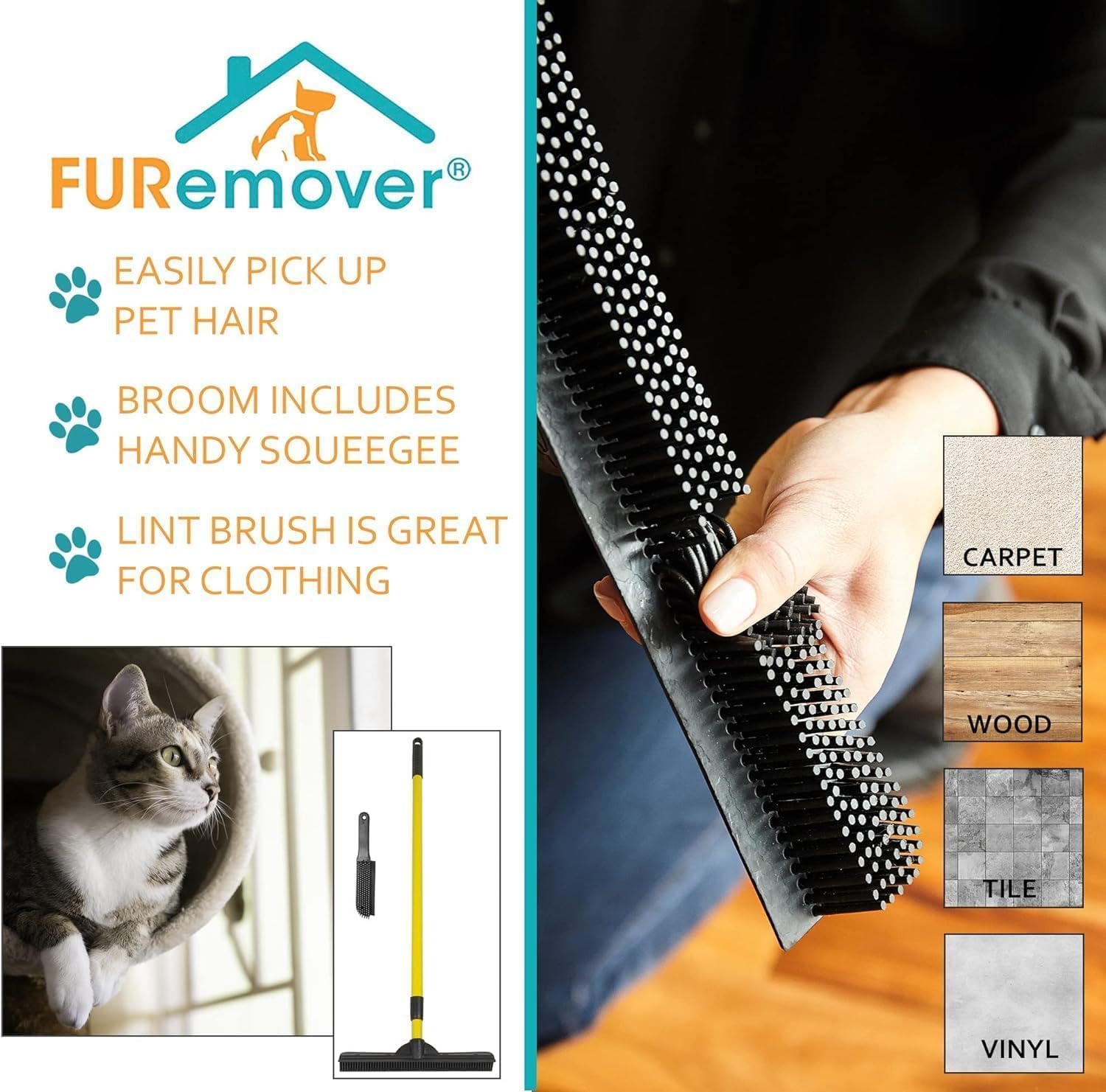 FURemover Original Pet Hair Rubber Broom with Squeegee, with 58” Telescopic Handle for Carpet, Tile and Hardwood and Handheld Lint Brush Combo