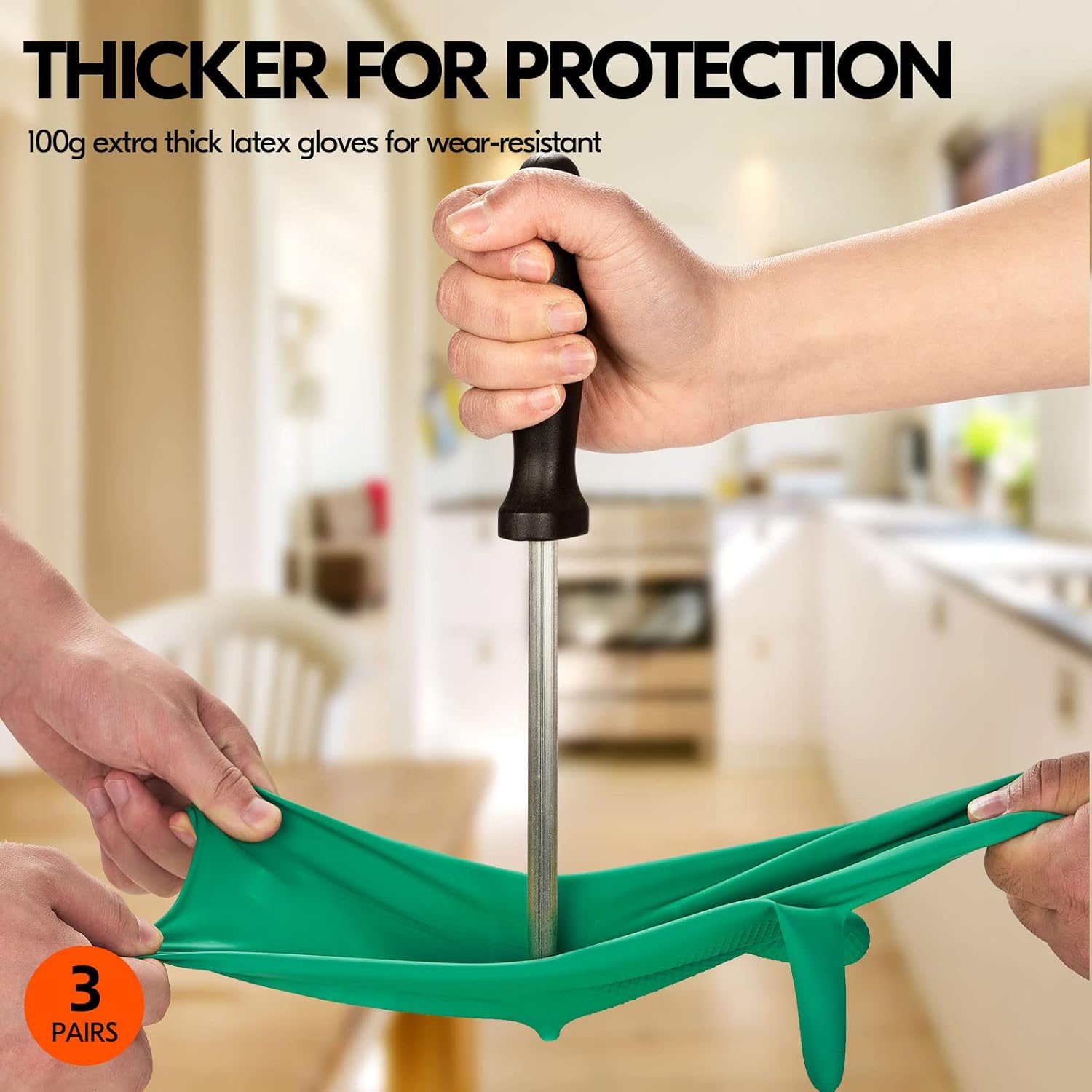 Vgo... 3-Pairs Reusable Household Gloves, Rubber Dishwashing gloves, Extra Thickness, Long Sleeves, Kitchen Cleaning, Working, Painting, Gardening, Pet Care (Size L, Green, HH4601)