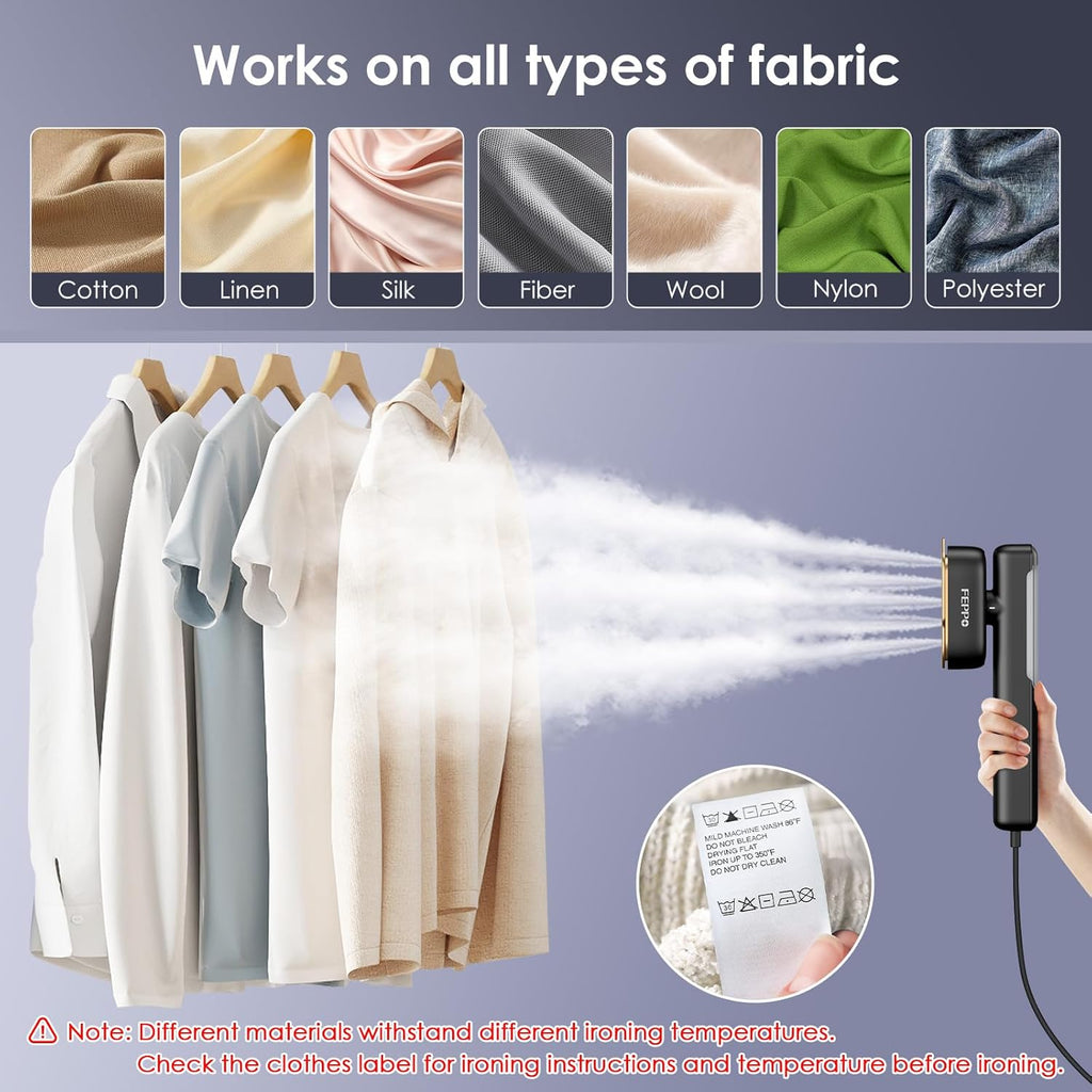 FEPPO Travel Steamer for Clothes, 110-240V Dual Voltage Portable Steamer & Iron 2 in 1, Fast Heat Up, 1100W Powerful Garment Steamer, Large Ceramic Heat Panel for Home & Global & Europe Traveling