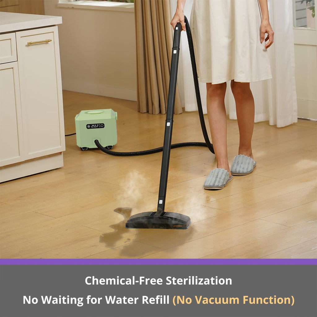 Steam Cleaner: 1650W, Fast 50-Sec Heat-Up-21-Piece Kit Refill Anytime-No Cooling-Detachable Hose Steamer Mop for Home Use Car Bed Furniture Bathroom Tile Grout Floor Cleaning And More Green