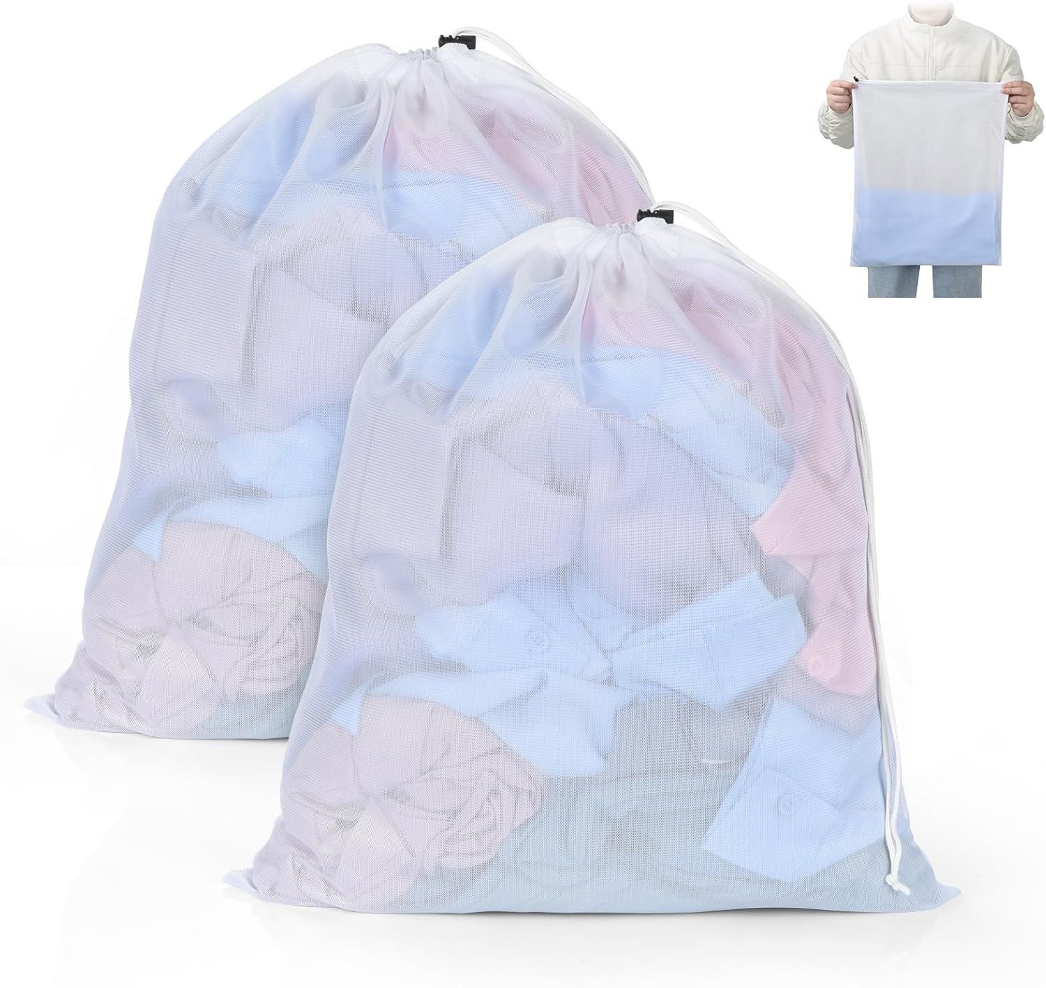 OTraki 16 x20 Inch Small Laundry Bags 2PCS Fine Mesh Washing Bag Drawstring Dirty Clothes Machine Washable Delicates Bra Lingerie Socks Toy Garment Bag for Home Travel Dorm White