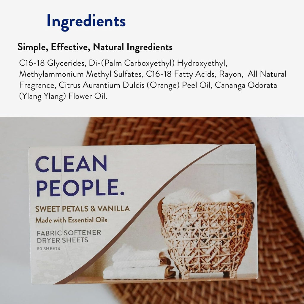 The Clean People Fabric Softener Sheets - Dryer Sheets - Softens & Removes Static Cling - Vegan Laundry Softener, Essential Oils - Sweet Petals, 120 Pack