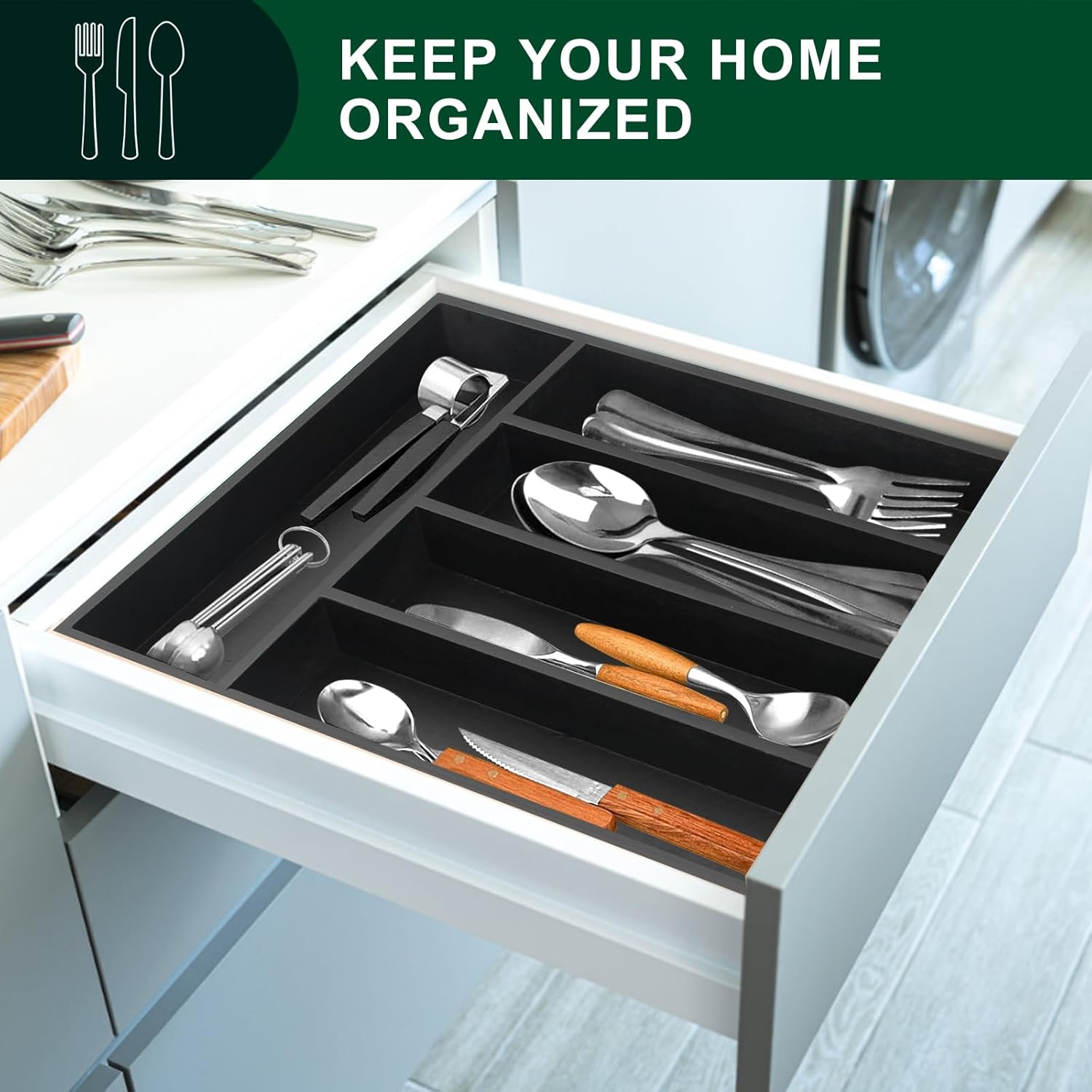 Small Silverware Organizer Utensil Tray 13"x9" Kitchen Drawer Organizers and Storage Wooden Utensil Holder Drawers Divider Narrow Black Cutlery Tray for Spoon Forks Bamboo Flatware Cutlery Organizer
