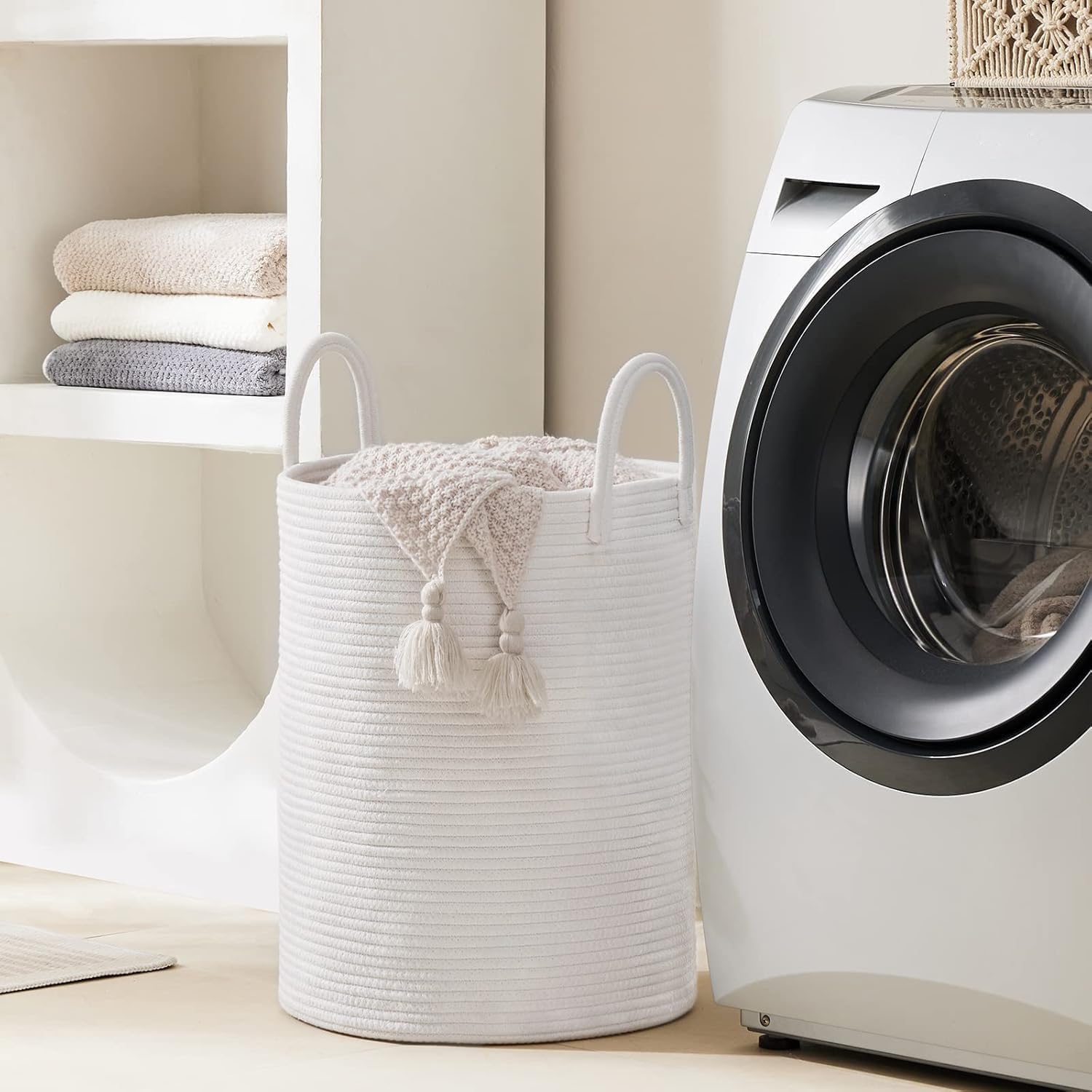 Woven Rope Laundry Hamper Basket by YOUDENOVA, 58L Tall Laundry Basket, Baby Nursery Hamper for Blanket Storage, Clothes Hamper for Laundry in Bedroom-Large-Pure White