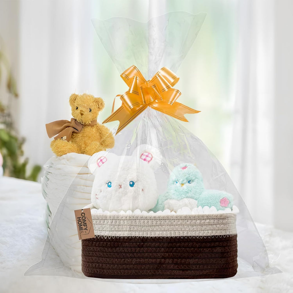 COMFY-HOMI 13" x 8.5" x 5.1"Storage Baskets for Organizing | Cotton Rope Woven Basket | Toy Storage Bin Box | Basket for Shelves, Closet Organizer Bin, Decorative Closet Shelf, 3 Pack,WHT/dark brown