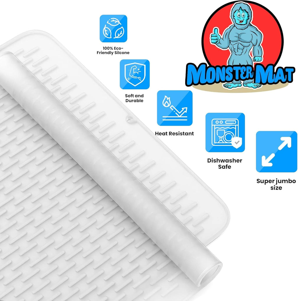 Extra Large (30 inch by 24 inch) heavy duty silicone dish drying mat for kitchen counters by MonsterMat (Translucent, XL - 30"x24")