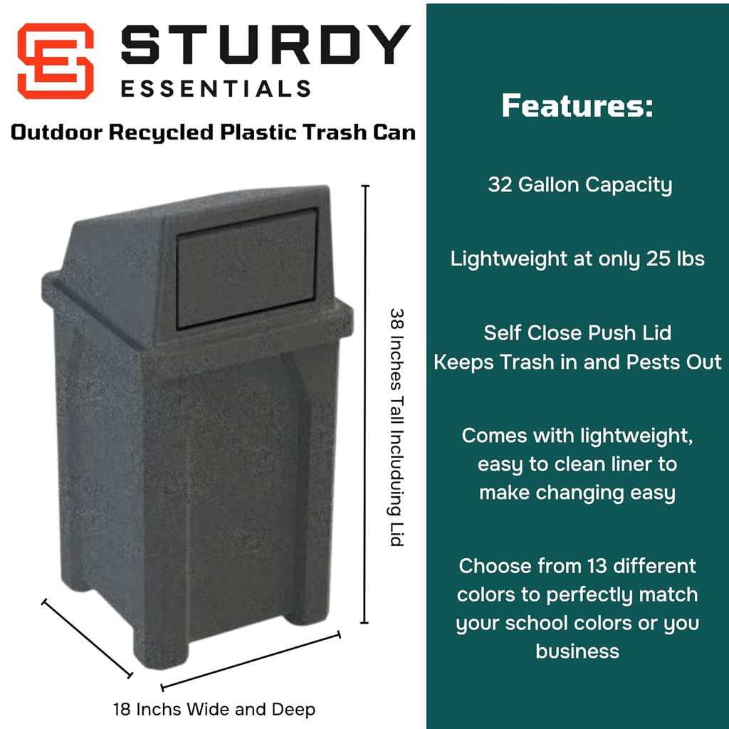32 Gallon Square 100% Recycled Plastic Heavy Duty Commercial Outdoor or Indoor Trash Can with Push Lid - Great for Schools and Businesses - Dark Granite