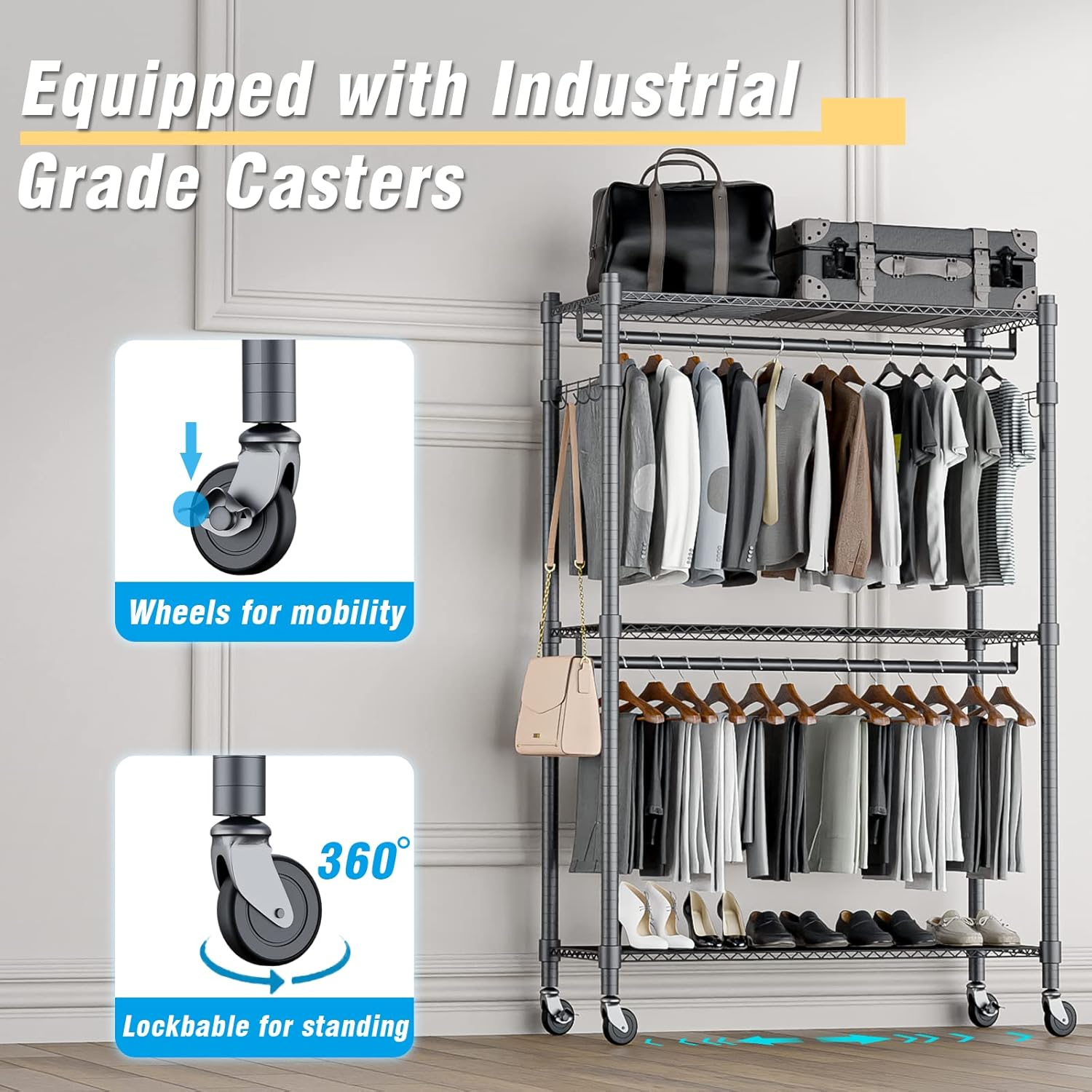 Homdox Rolling Clothes Rack Heavy Duty, 3-Tier Adjustable Wire Shelving Garment Organizer with Double Rods & Hooks, Portable Clothes Rack with Wheels, 17.72" D x 47.24" W x 80.71" H, Grey