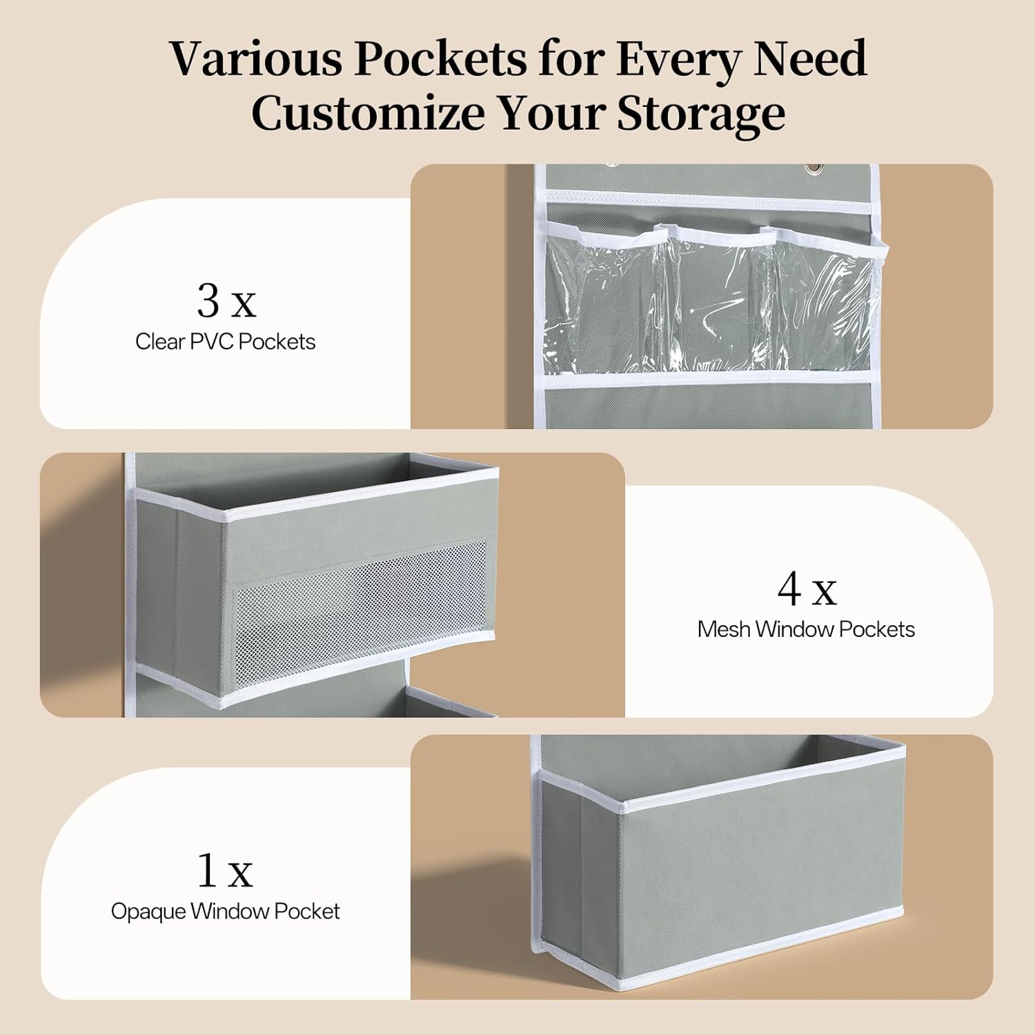 LAMU 6-Tier Over The Door Organizer, Swing - Proof Closet Door Organizer, Flexible 1 Split into 2 Over The Door Storage Organizer for Nursery, Bathroom, Bedroom, Grey, 5 x 14 x 61in