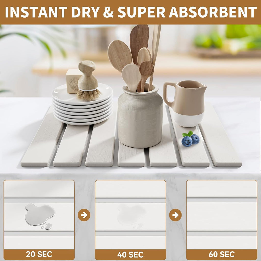 Large Stone Dish Drying Mats for Kitchen Counter,15.5''x11.8'' Foldable Quick Dry Stone Mat Kitchen,Eco-Friendly,Absorbent Diatomaceous Earth Mats for Dishes Bottles Cups Bathroom Any Countertop-White