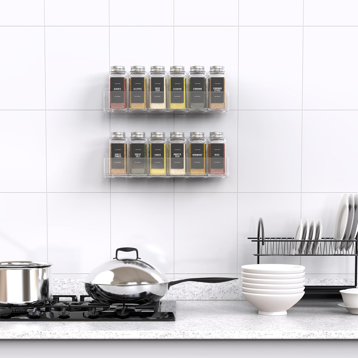 PMMASTO Adhesive Acrylic Spice Rack Organizer with 12 Empty Square Spice Jars, 238 Spice Labels with Chalk Marker and Funnel Complete Set for Kitchen Cabinet/Pantry Door (Clear - 2 Pack)