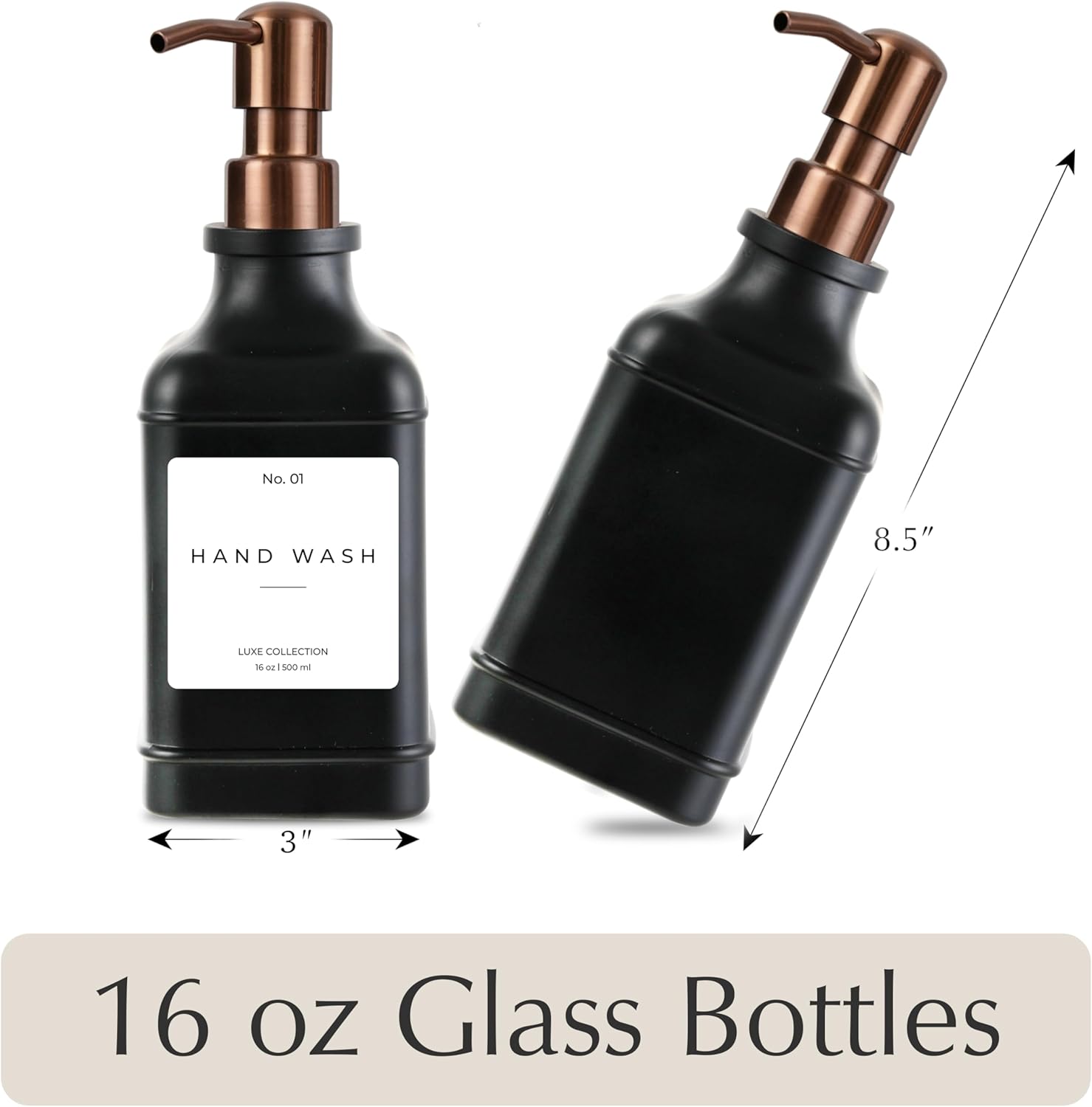 Emerson Essentials Soap Dispenser, Dish Soap Dispenser, Soap Bottle Bathroom Set, Stainless Steel Farmhouse, Kitchen Soap Dispenser Set - Glass Soap Dispenser with Pump and Labels, 16 Oz, 2 Pack