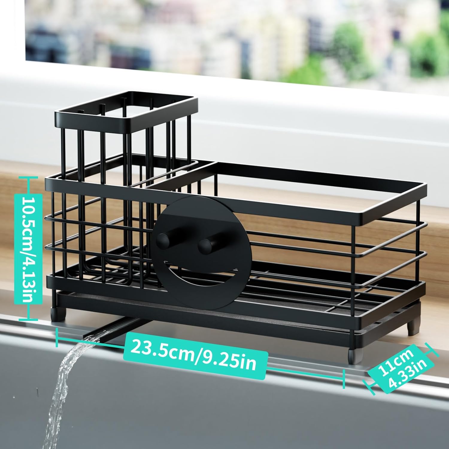HapiRm Sponge Holder for Kitchen Sink - Self-draining Sink Caddy with Smiley Face and Brush Holder, Stainless Steel Kitchen Organizer for Countertop - Black