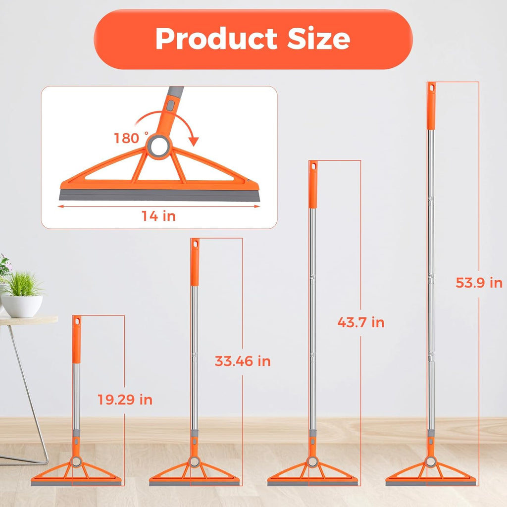 2-in-1 Air Broom, 180° Rotating 54 Inch Adjustable Silicone Rubber Broom Includes 2 Scraping Strips, Sweep and Silicone Tools with Long Handle for Cleaning Bathrooms,Glass,Tiles,Pet Hair