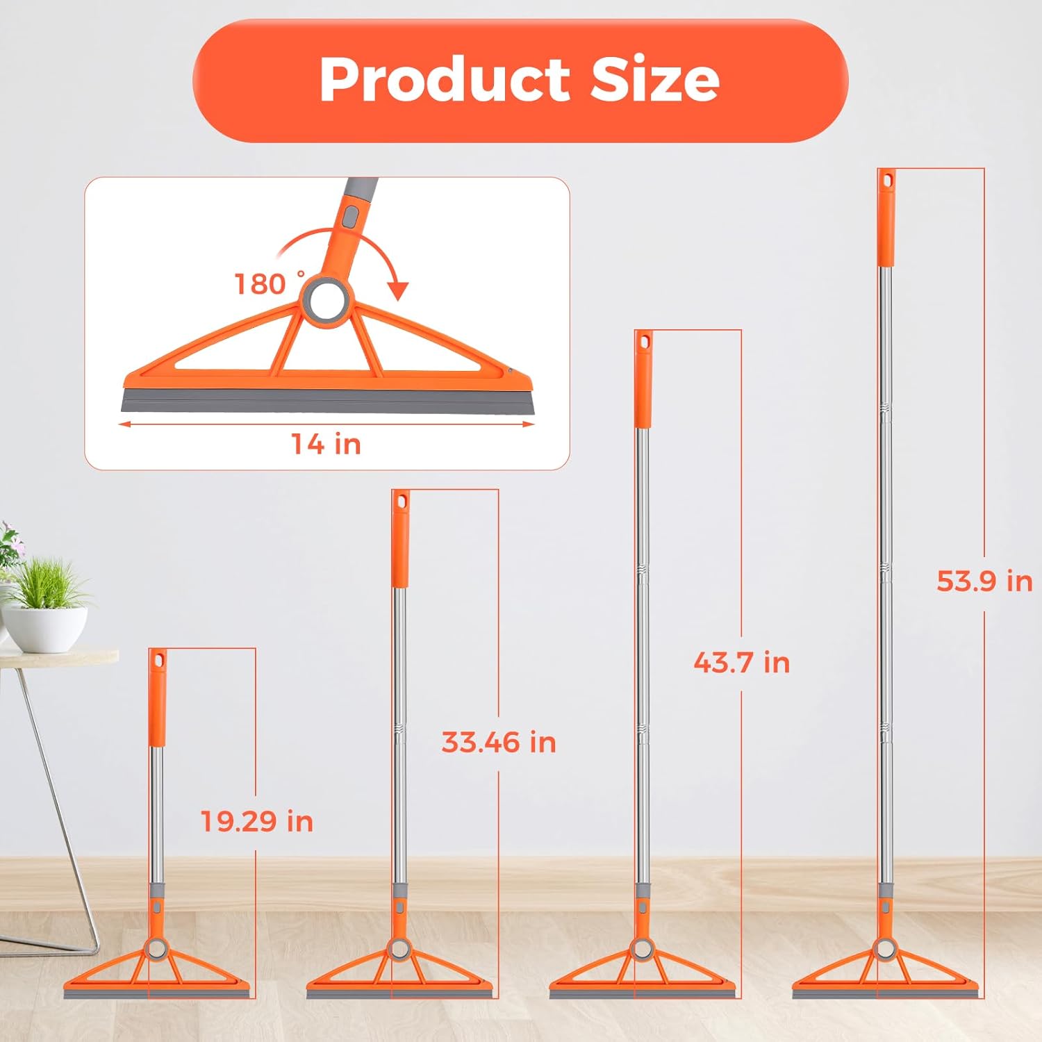 2-in-1 Air Broom, 180° Rotating 54 Inch Adjustable Silicone Rubber Broom Includes 2 Scraping Strips, Sweep and Silicone Tools with Long Handle for Cleaning Bathrooms,Glass,Tiles,Pet Hair